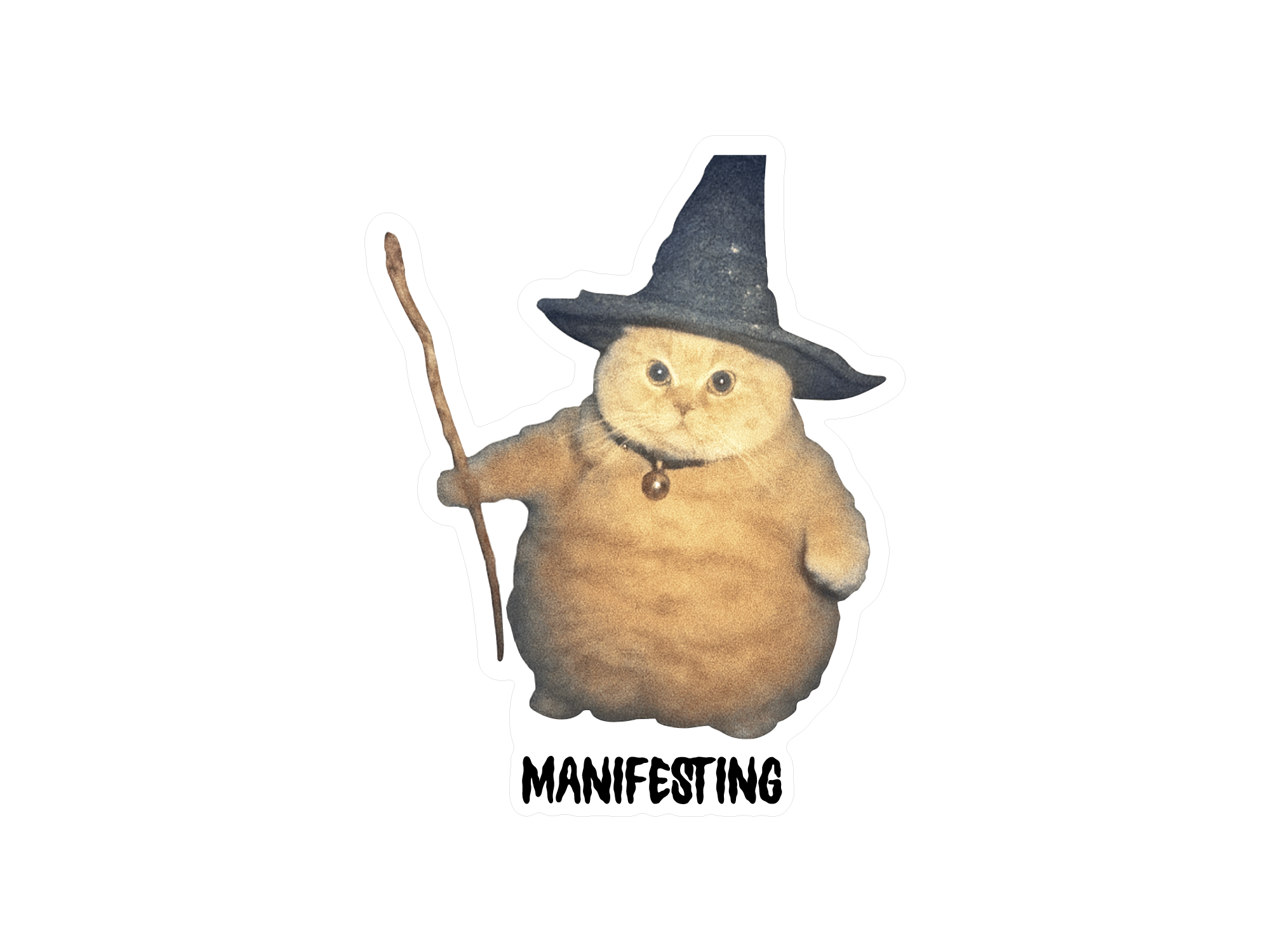 Cat wizard with a broom and 'Manifesting' text on a white background