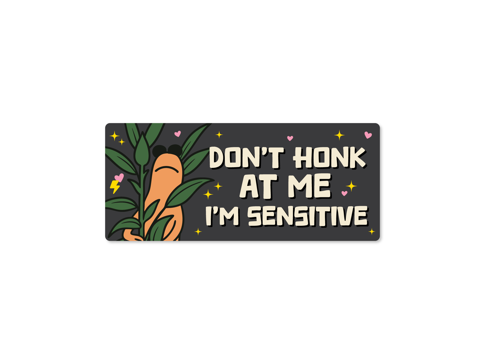 Sticker with fox illustration and text 'Don't honk at me I'm sensitive' on a black background