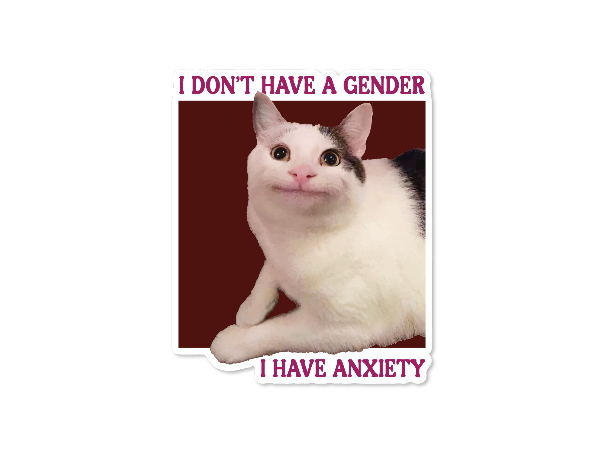 vinyl sticker featuring a wide-eyed white and gray cat with the phrase “I don’t have a gender, I have anxiety,”