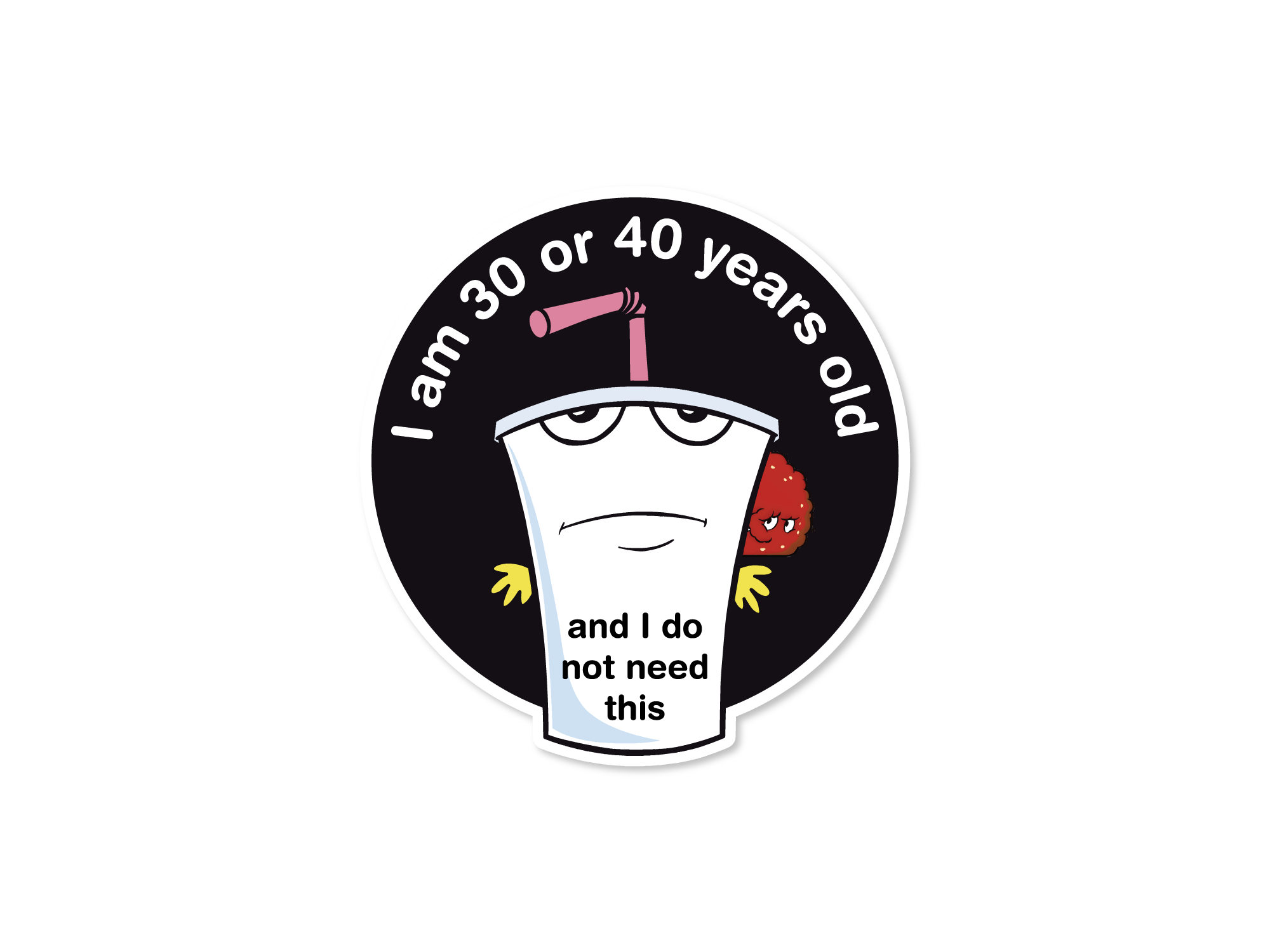 Sticker with a cartoon character and text on a white background