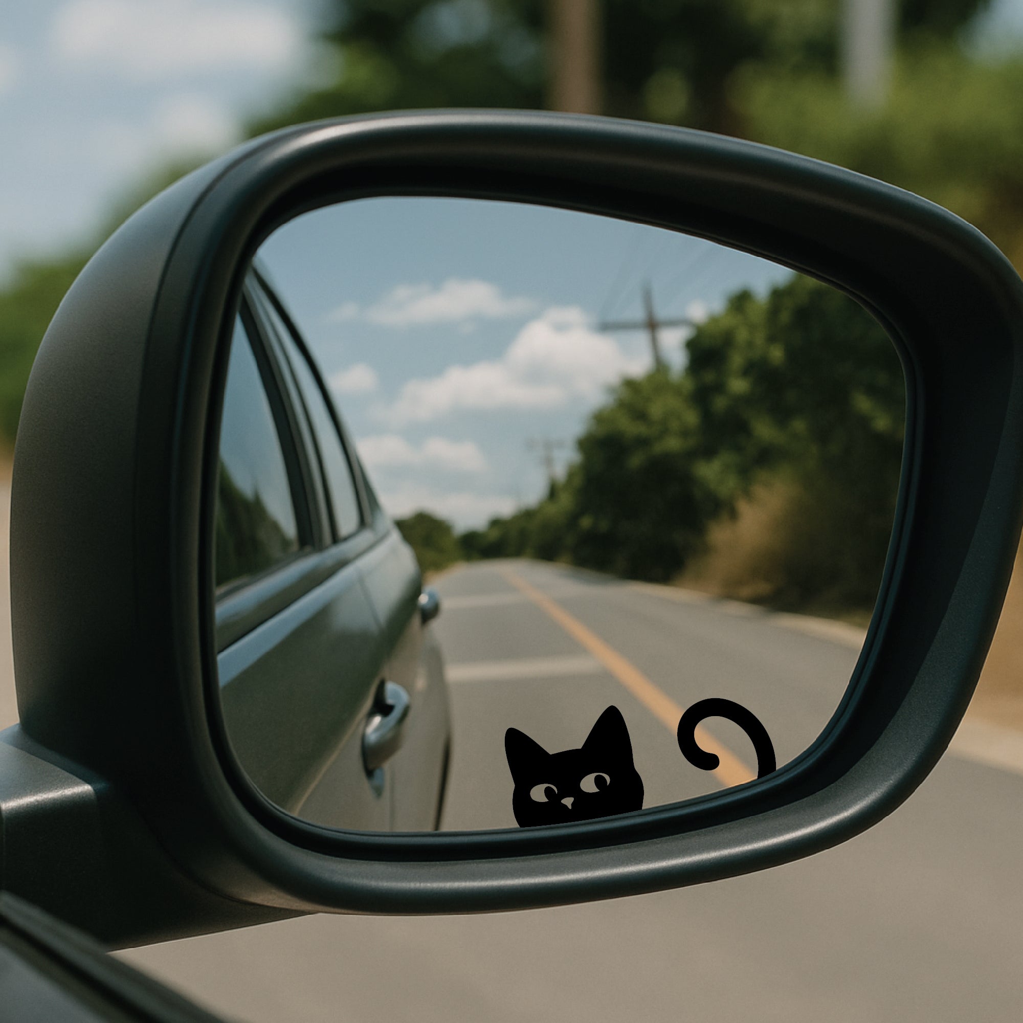 Car rearview mirror with a black cat decal against a blurred green background