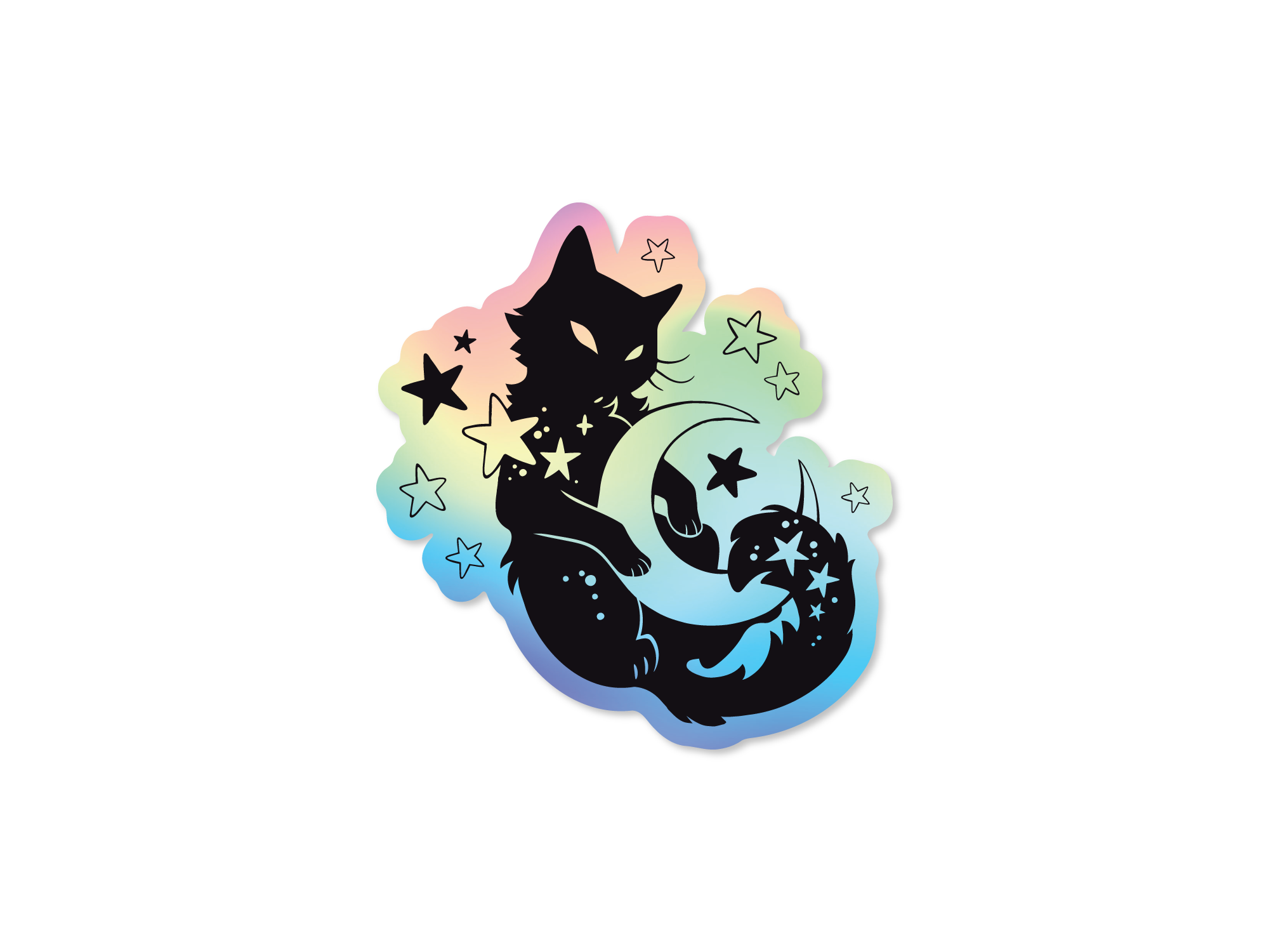 Die cut sticker featuring a black cat curled around a crescent moon with stars and a soft rainbow background.
