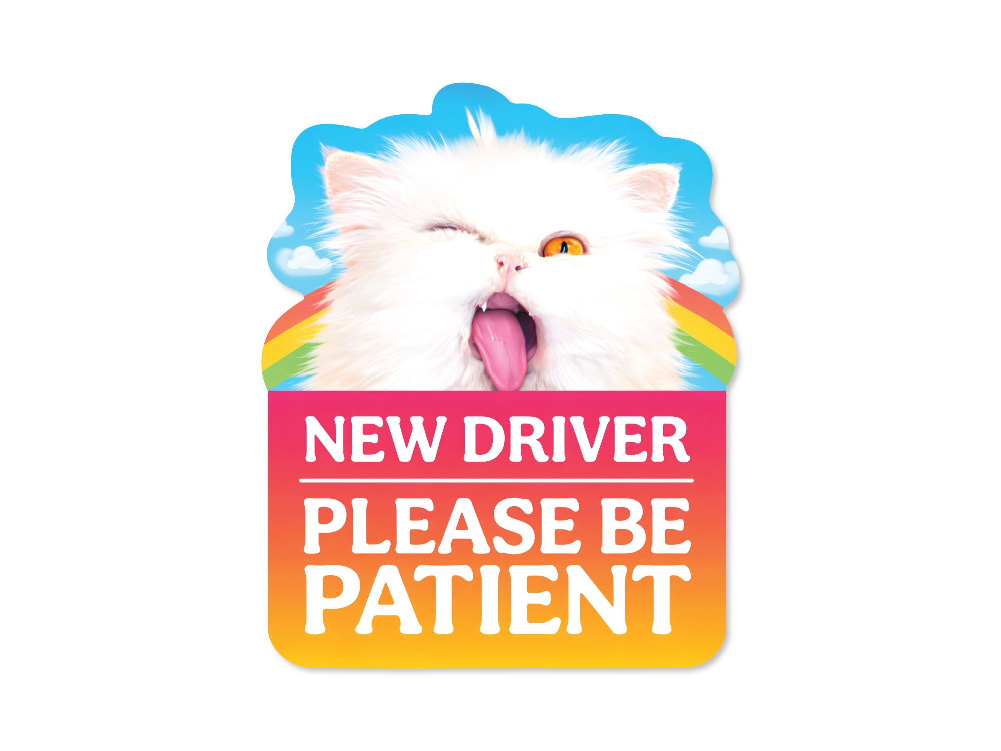Cartoon cat with open mouth and rainbow colors on a 'New Driver Please Be Patient' sign.