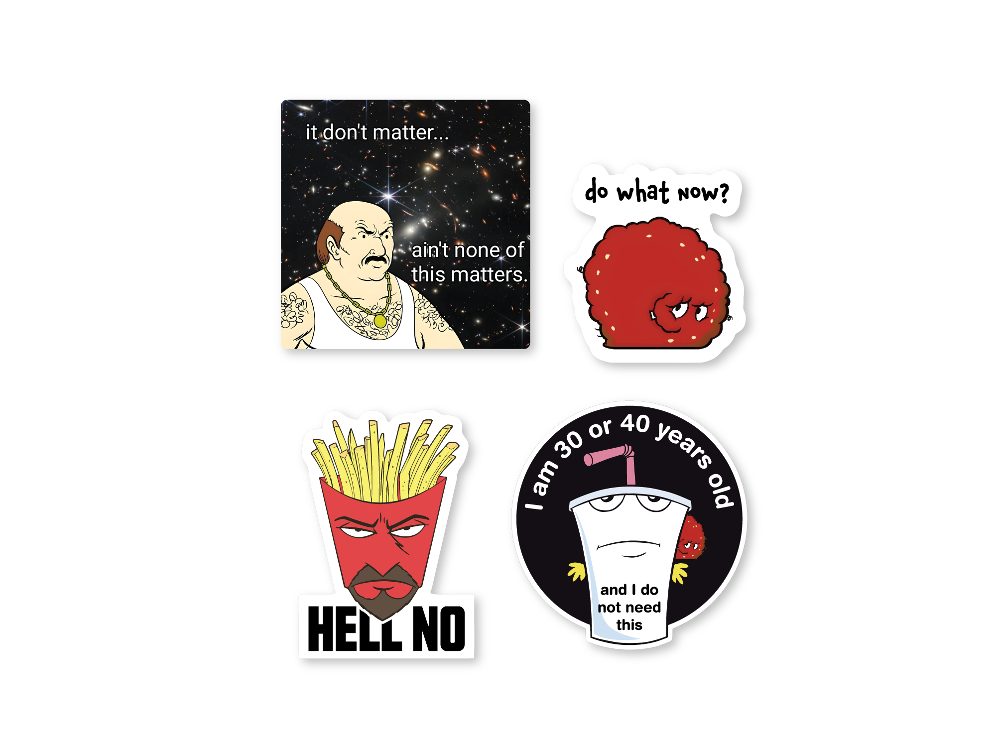 Set of four Aqua Teen Hunger Force vinyl stickers featuring Carl, Meatwad, Frylock, and Master Shake with funny text and cartoon artwork.