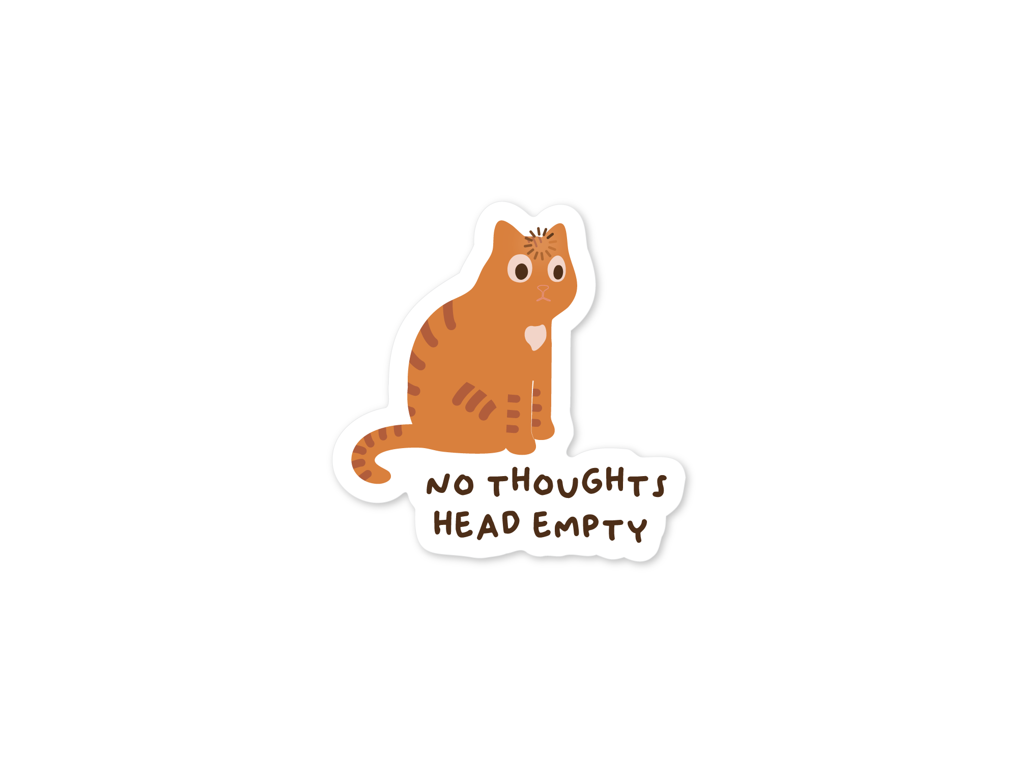 Sticker with a cat illustration and text 'No thoughts head empty' on a white background