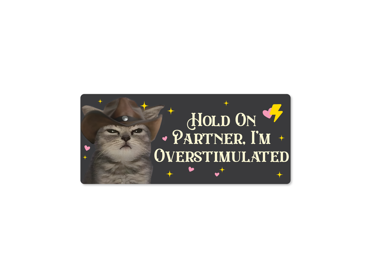 A rectangular novelty sticker featuring a gray tabby cat wearing a brown cowboy hat on the left, with the phrase 'HOLD ON PARTNER, I'M OVERSTIMULATED' in cream lettering on a dark charcoal background, plus small pink hearts, yellow stars, and a yellow lightning bolt.