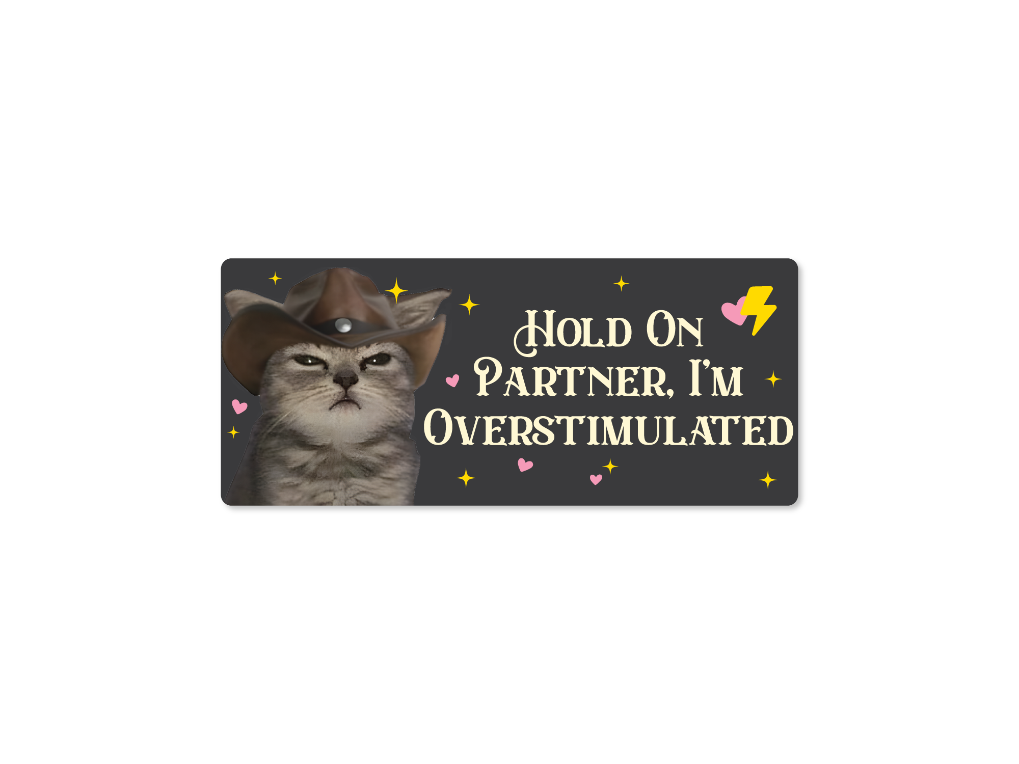 A rectangular novelty sticker featuring a gray tabby cat wearing a brown cowboy hat on the left, with the phrase 'HOLD ON PARTNER, I'M OVERSTIMULATED' in cream lettering on a dark charcoal background, plus small pink hearts, yellow stars, and a yellow lightning bolt.
