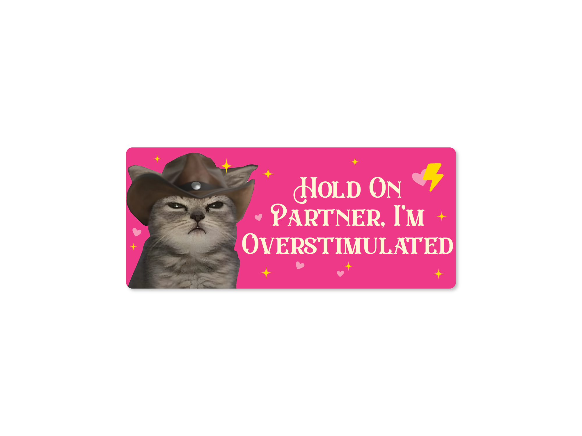 A rectangular novelty sticker with a bright pink background, featuring a gray tabby cat wearing a brown cowboy hat on the left and the phrase 'HOLD ON PARTNER, I'M OVERSTIMULATED' in white lettering on the right. Small decorative hearts, stars, and a yellow lightning bolt accent the design.