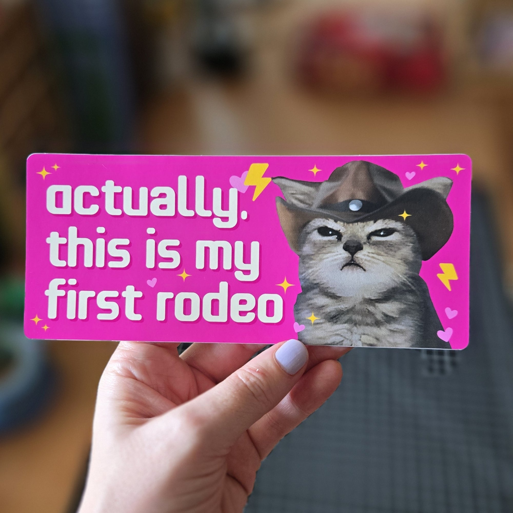 rectangular “Actually, This Is My First Rodeo” bumper stickers with a serious cowboy cat, hearts, sparkles, and lightning bolts.
