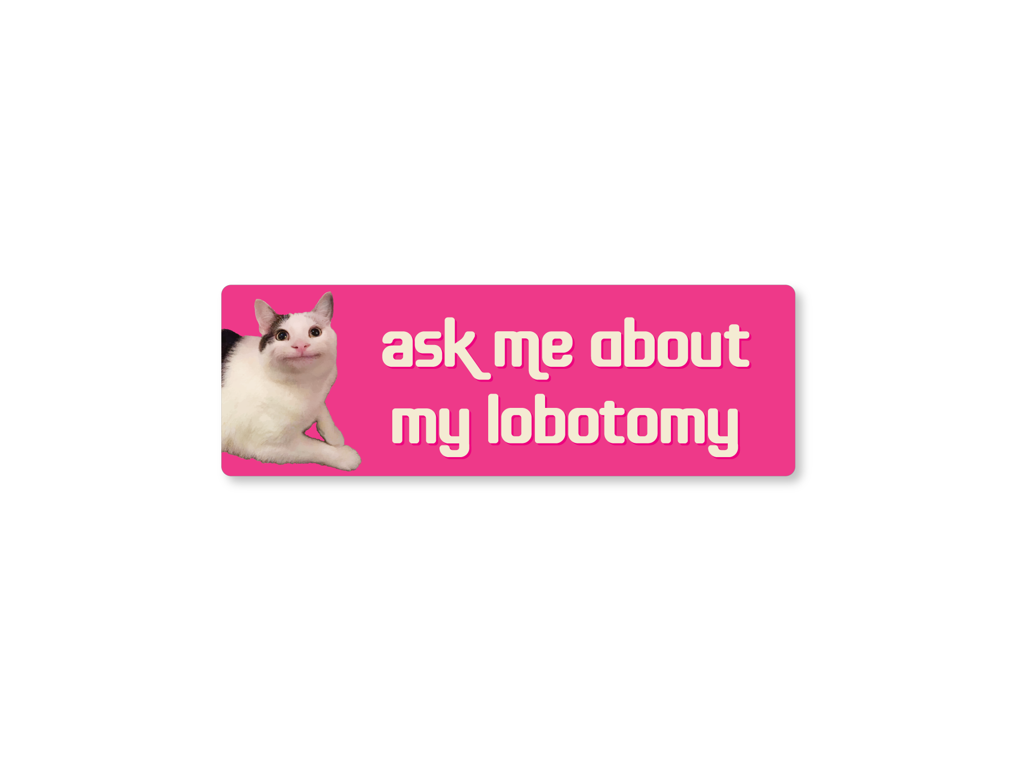 Bright pink rectangular bumper sticker featuring a calm white and gray cat on the left with cream text that says “ask me about my lobotomy.”