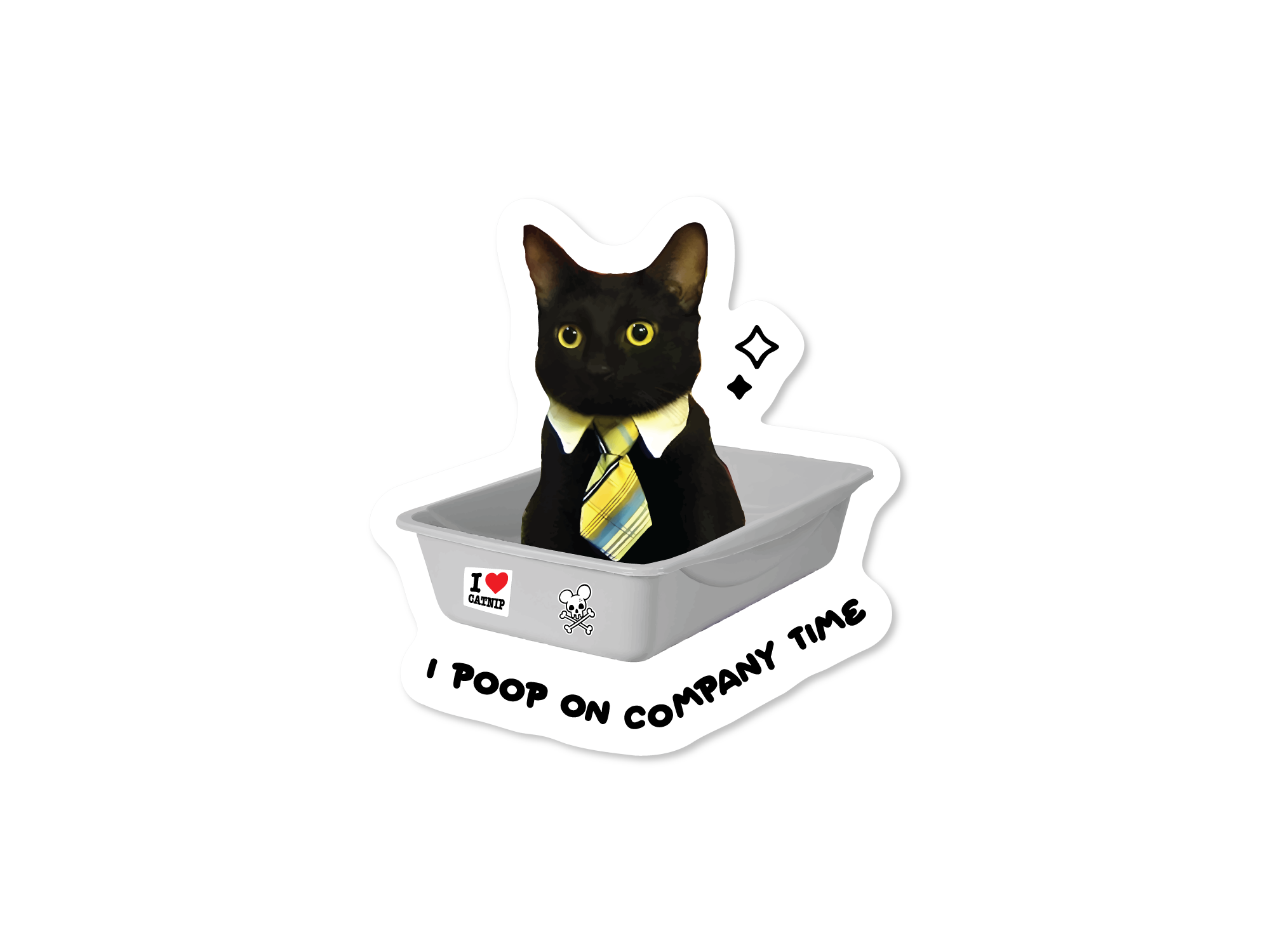 Cat-shaped product with a tie and text on a white background