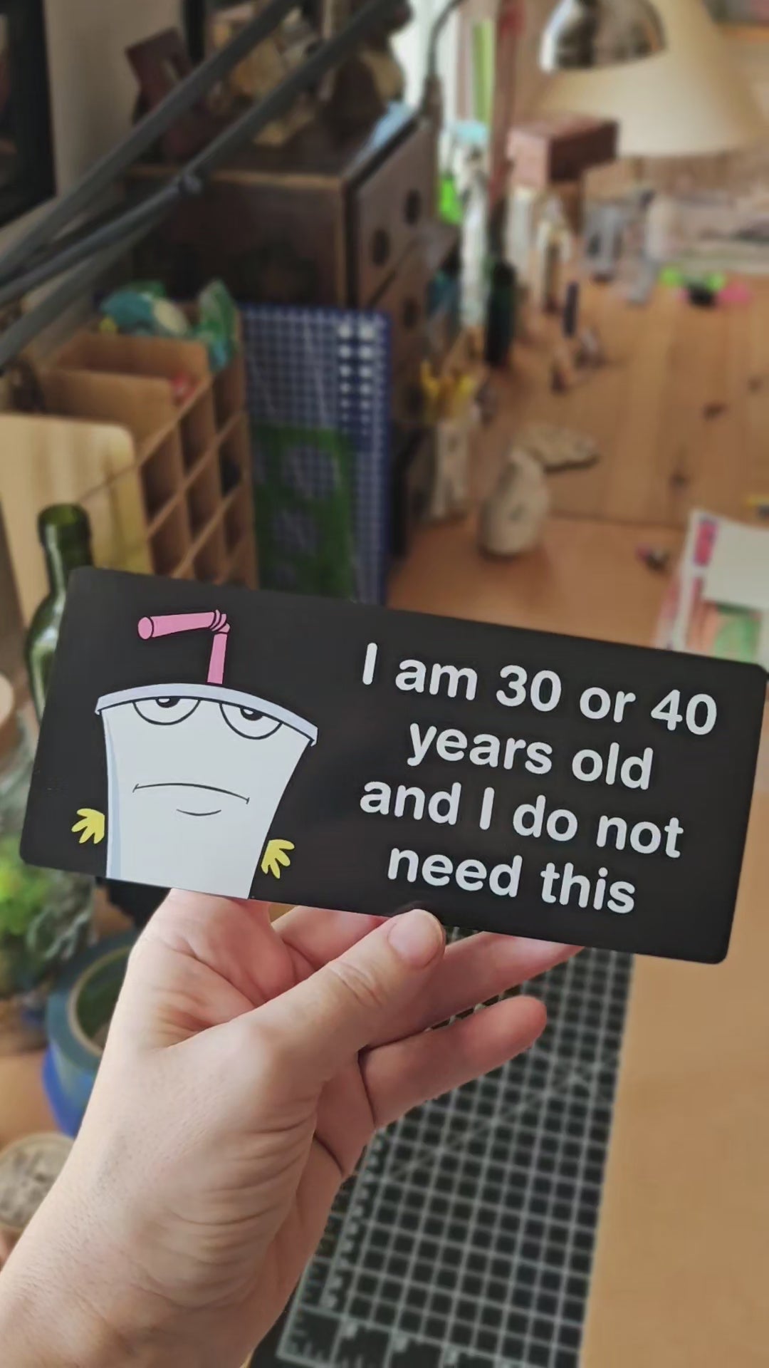 I Am 30 or 40 Years Old and I Do Not Need This bumper sticker with funny cartoon-inspired artwork. Waterproof weatherproof vinyl sticker.
