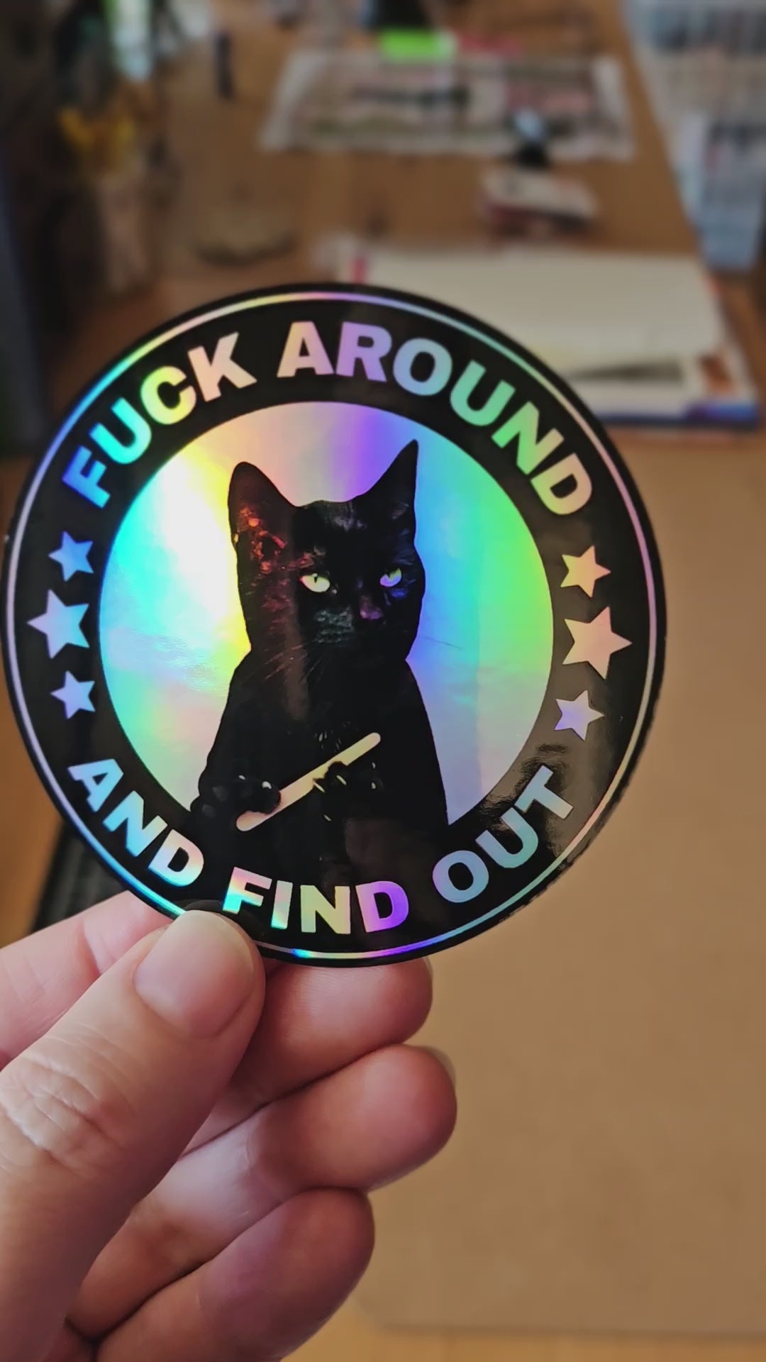 round “Fuck Around and Find Out” vinyl sticker featuring a serious black cat in a circular badge design, shown in white and holographic options.
