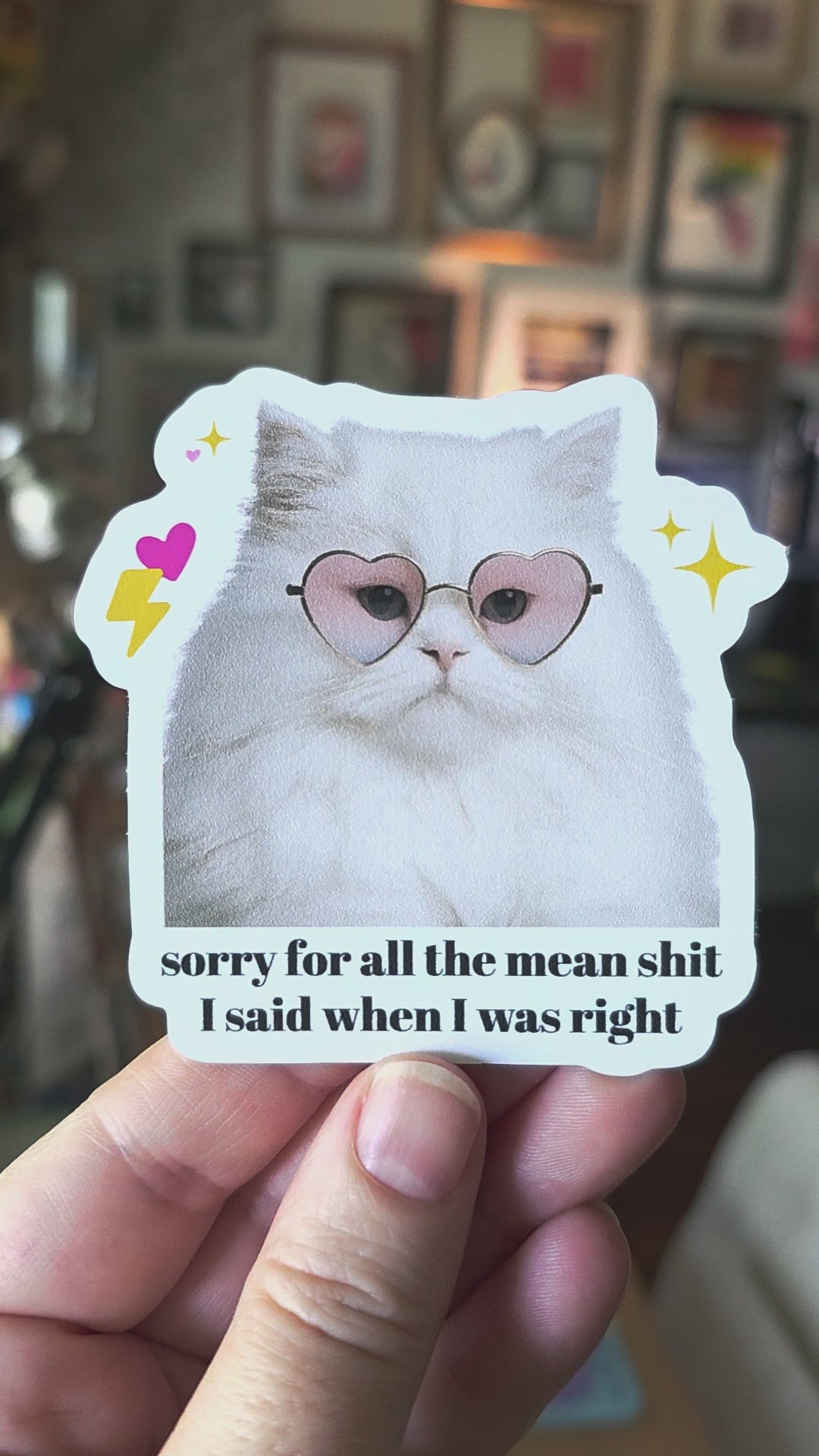 Cat wearing heart-shaped sunglasses with text 'sorry for all the mean shit I said when I was right' on a white background