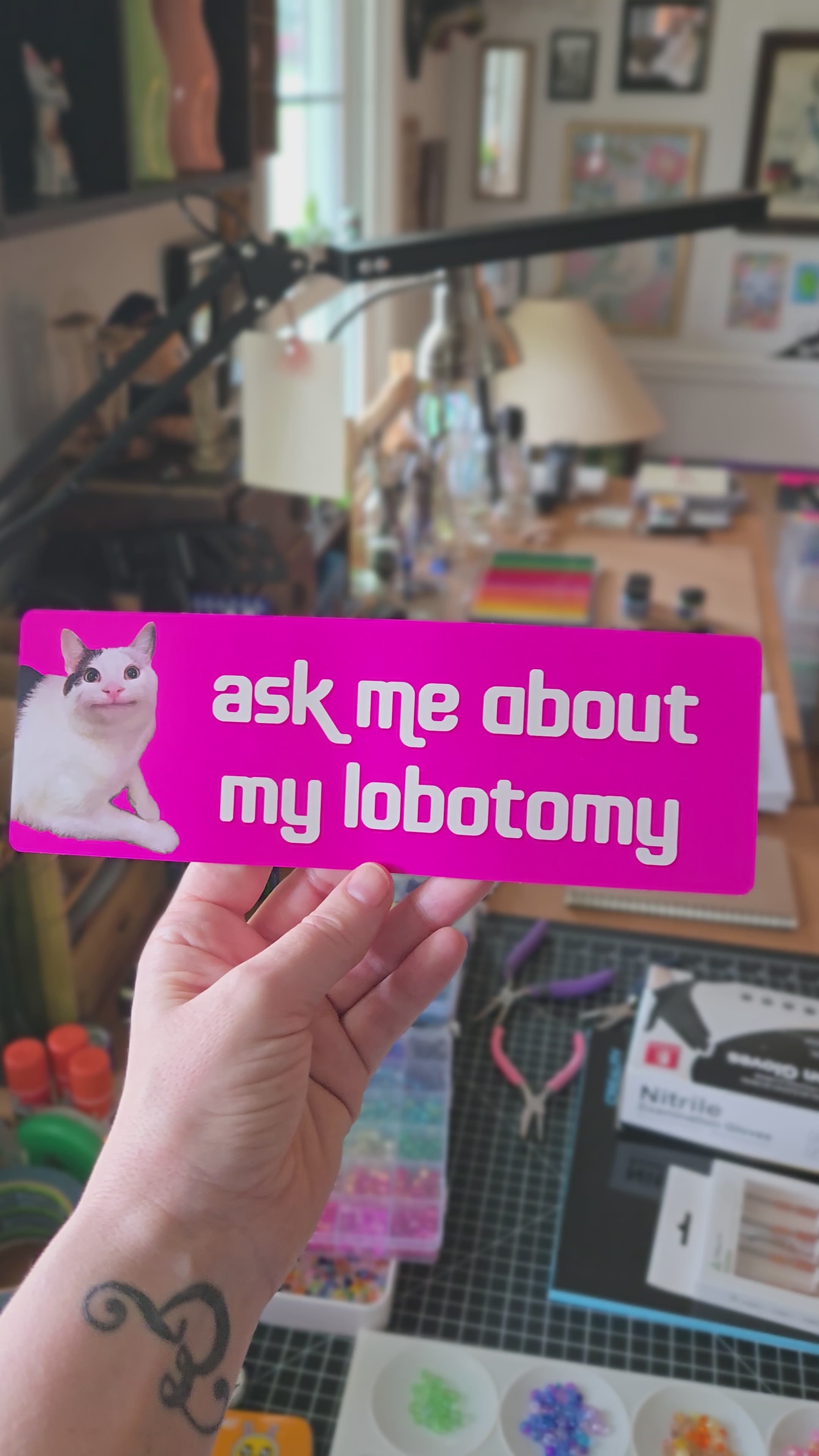 Bright pink rectangular bumper sticker featuring a calm white and gray cat on the left with cream text that says “ask me about my lobotomy.”