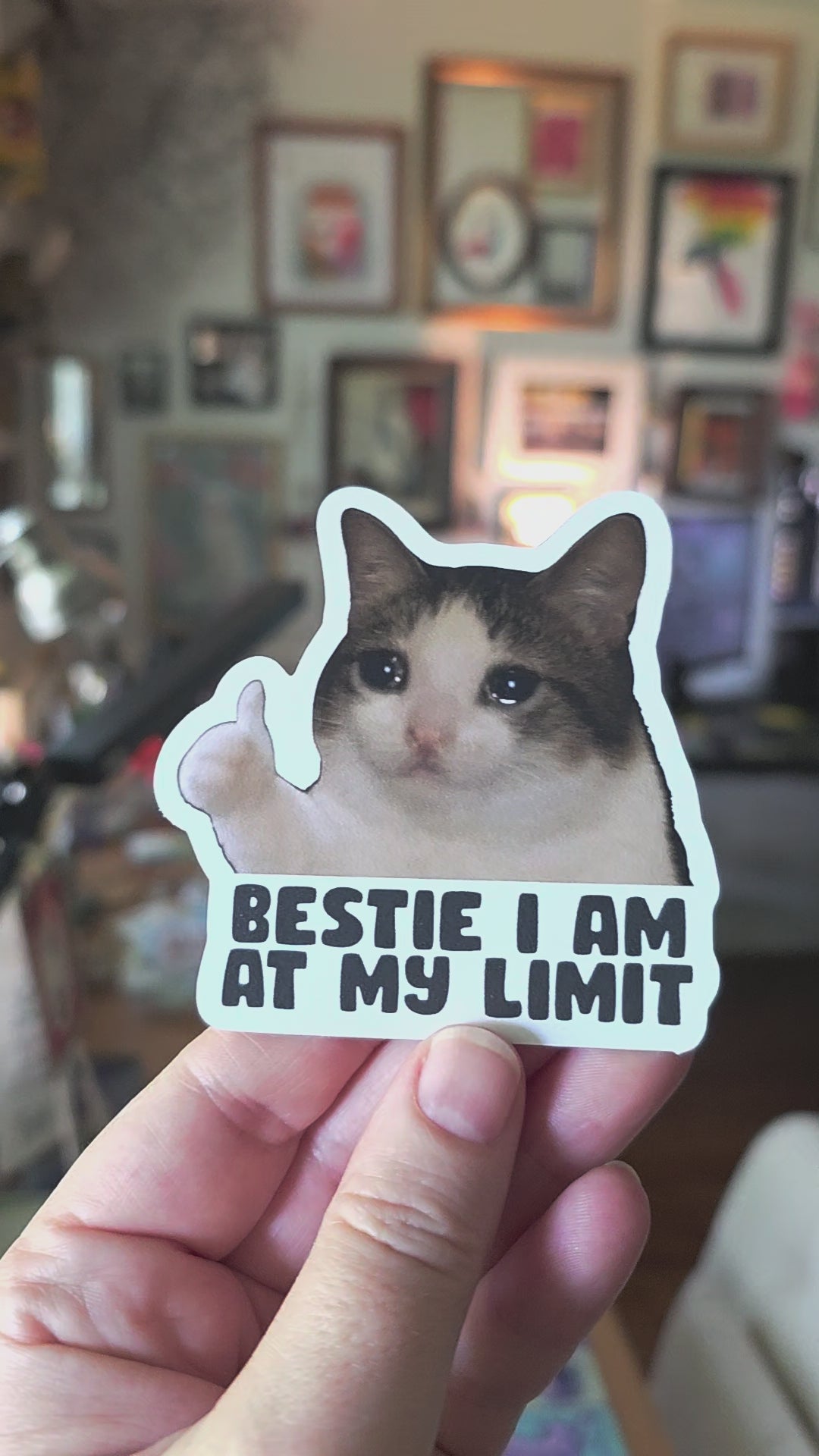 Cat giving a thumbs up sticker with text 'Bestie I am at my limit' on a white background