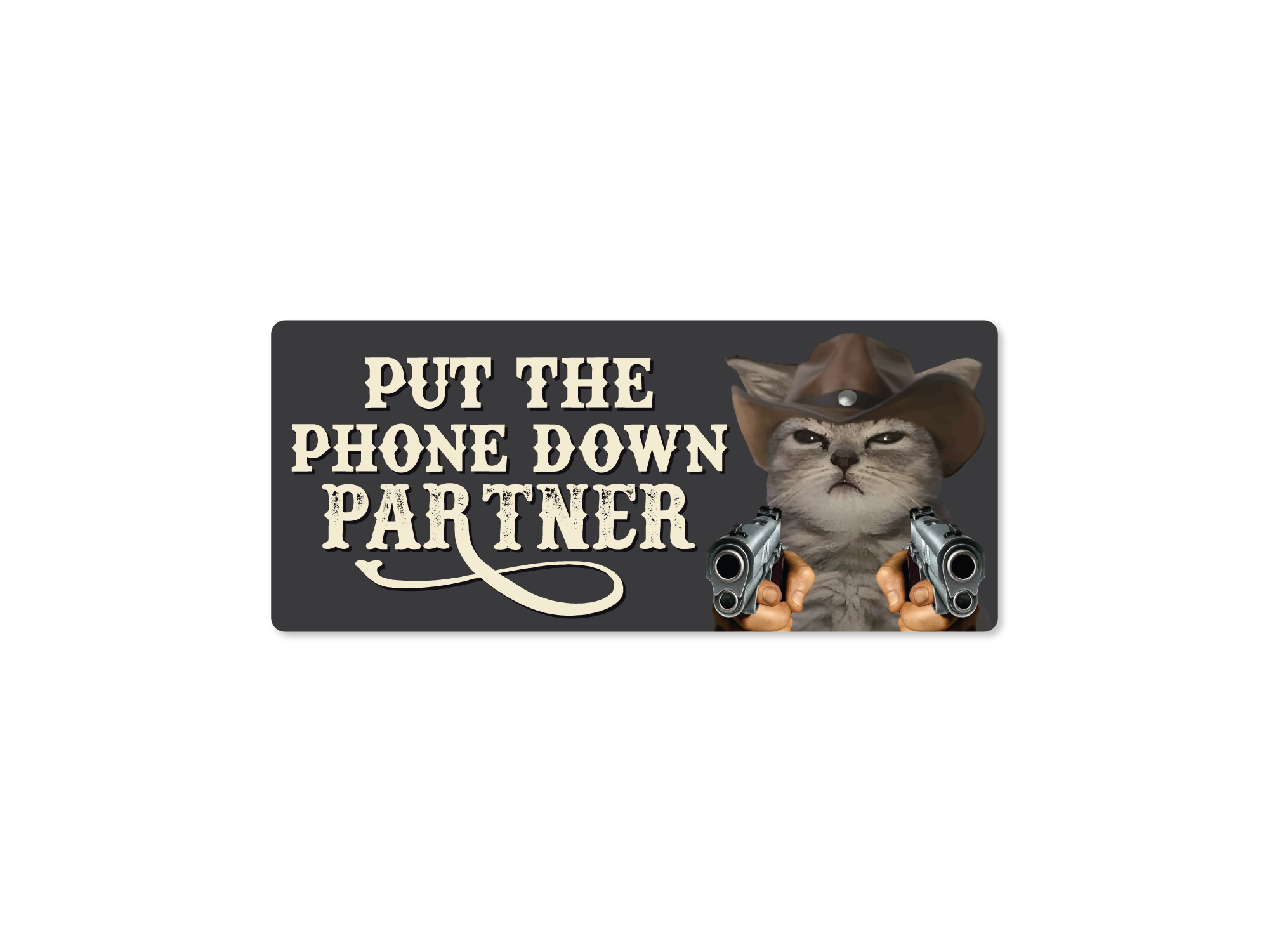 Sticker with a cat holding guns and text 'Put the Phone Down Partner' on a white background