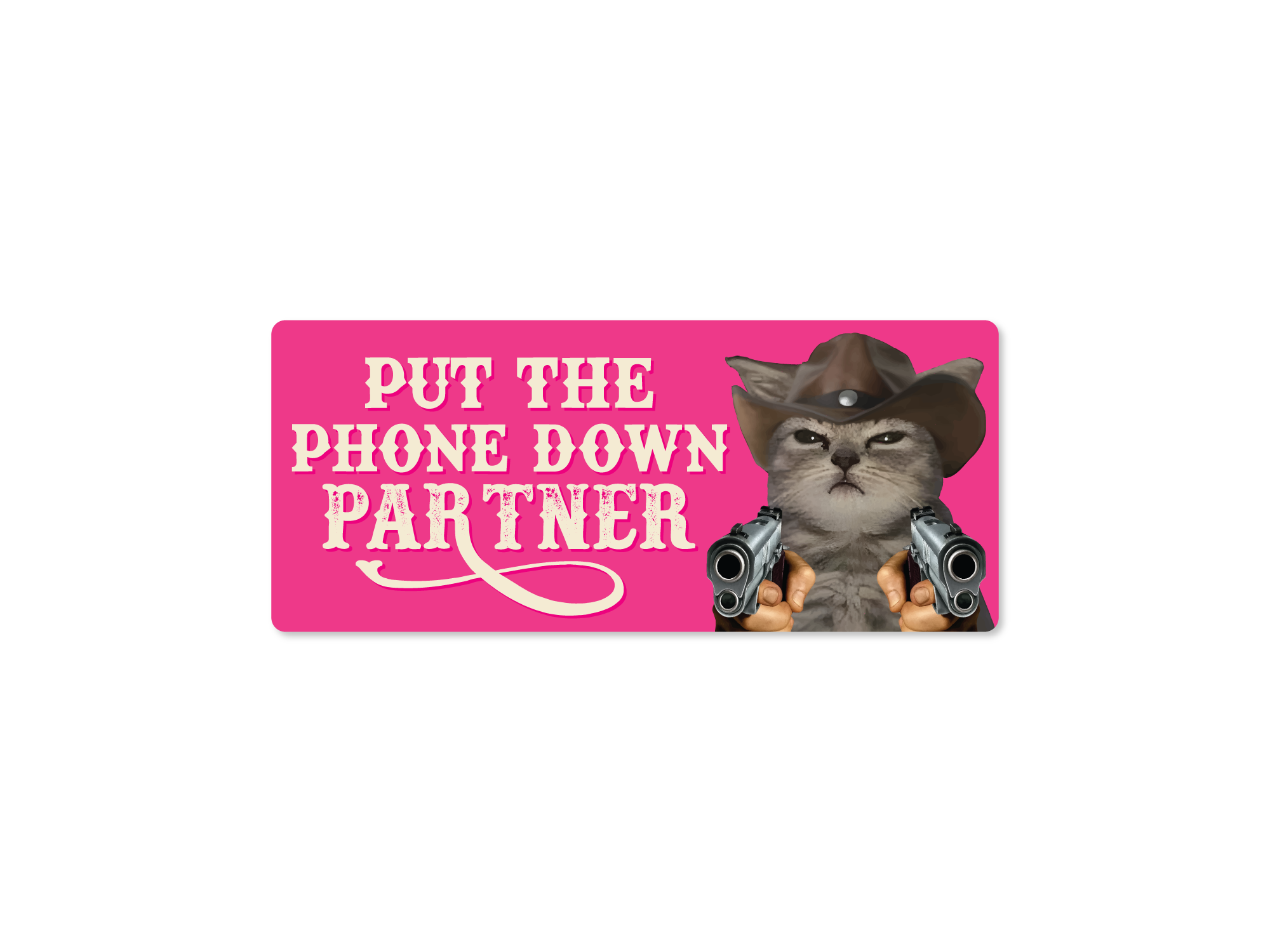 Cat wearing a cowboy hat and holding guns on a pink background with text 'Put the phone down partner'.