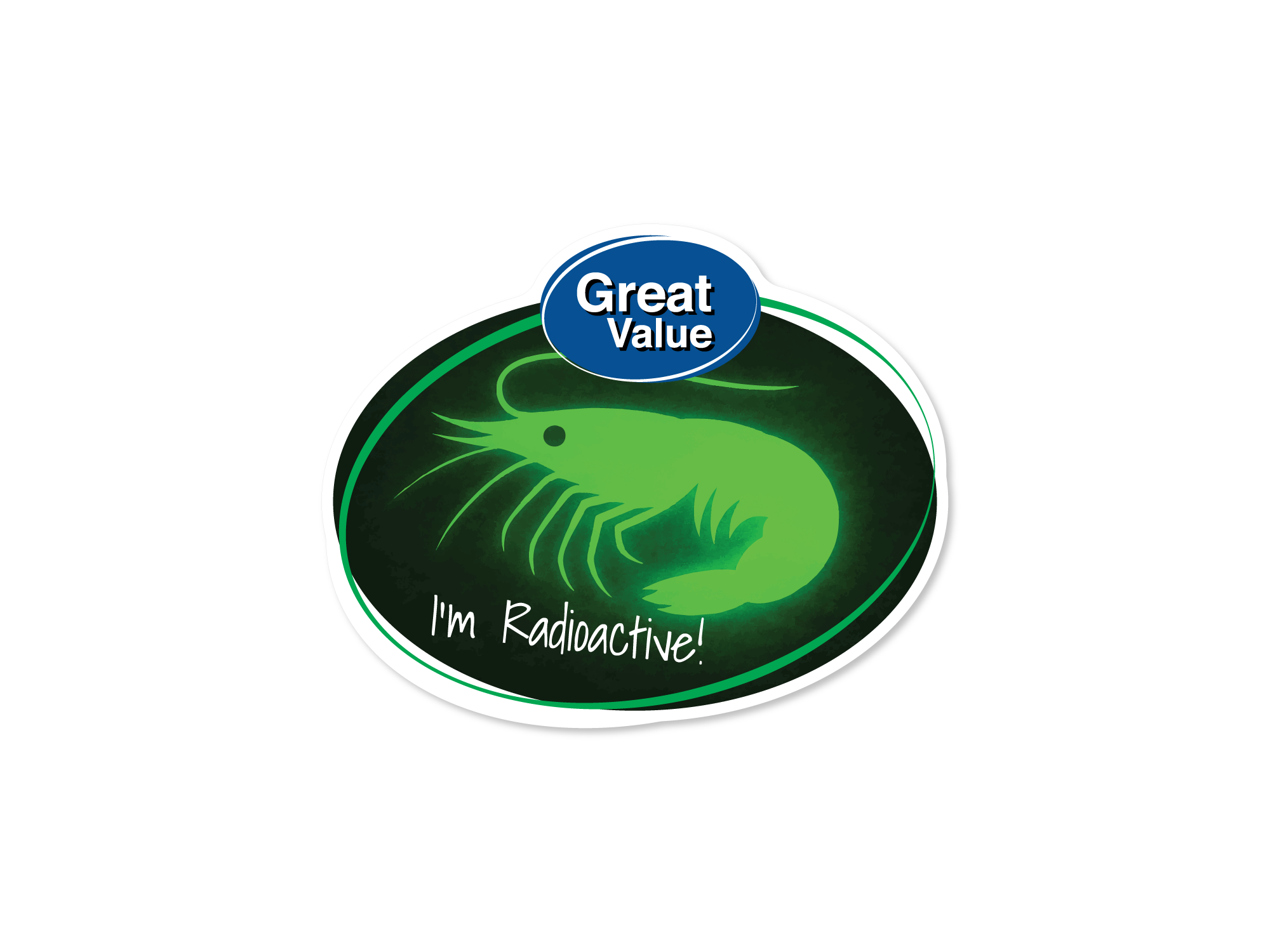 Sticker with a green radioactive symbol and 'Great Value' branding on a white background
