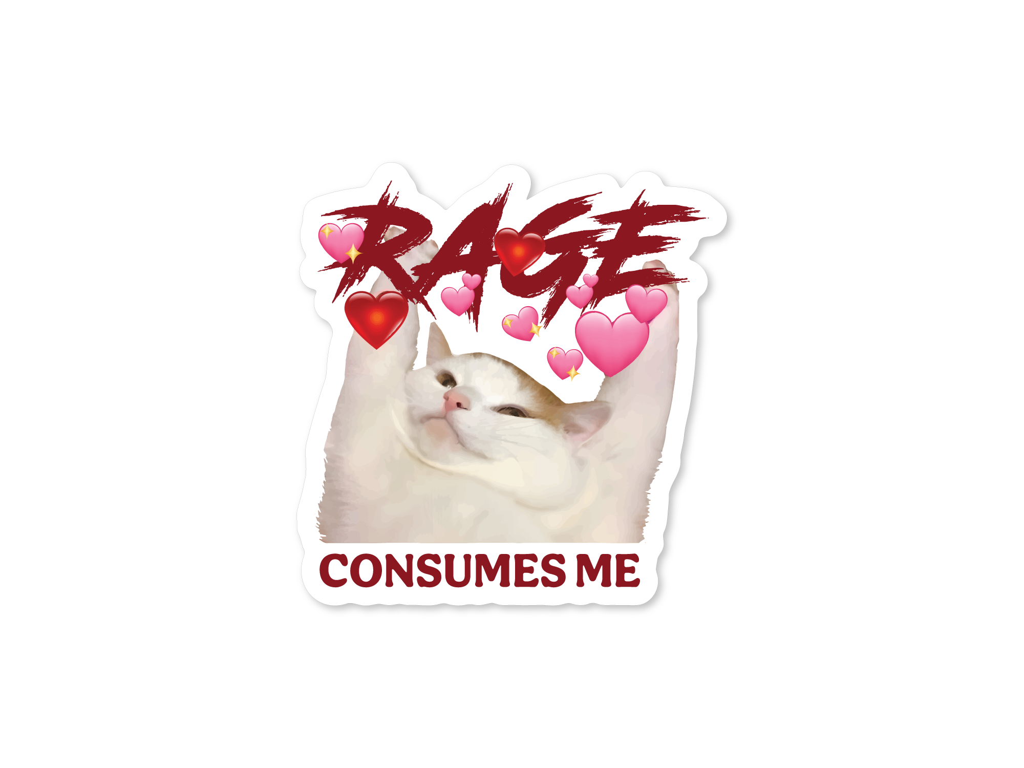 Sticker with a cat and text 'RAGE CONSUMES ME' on a white background
