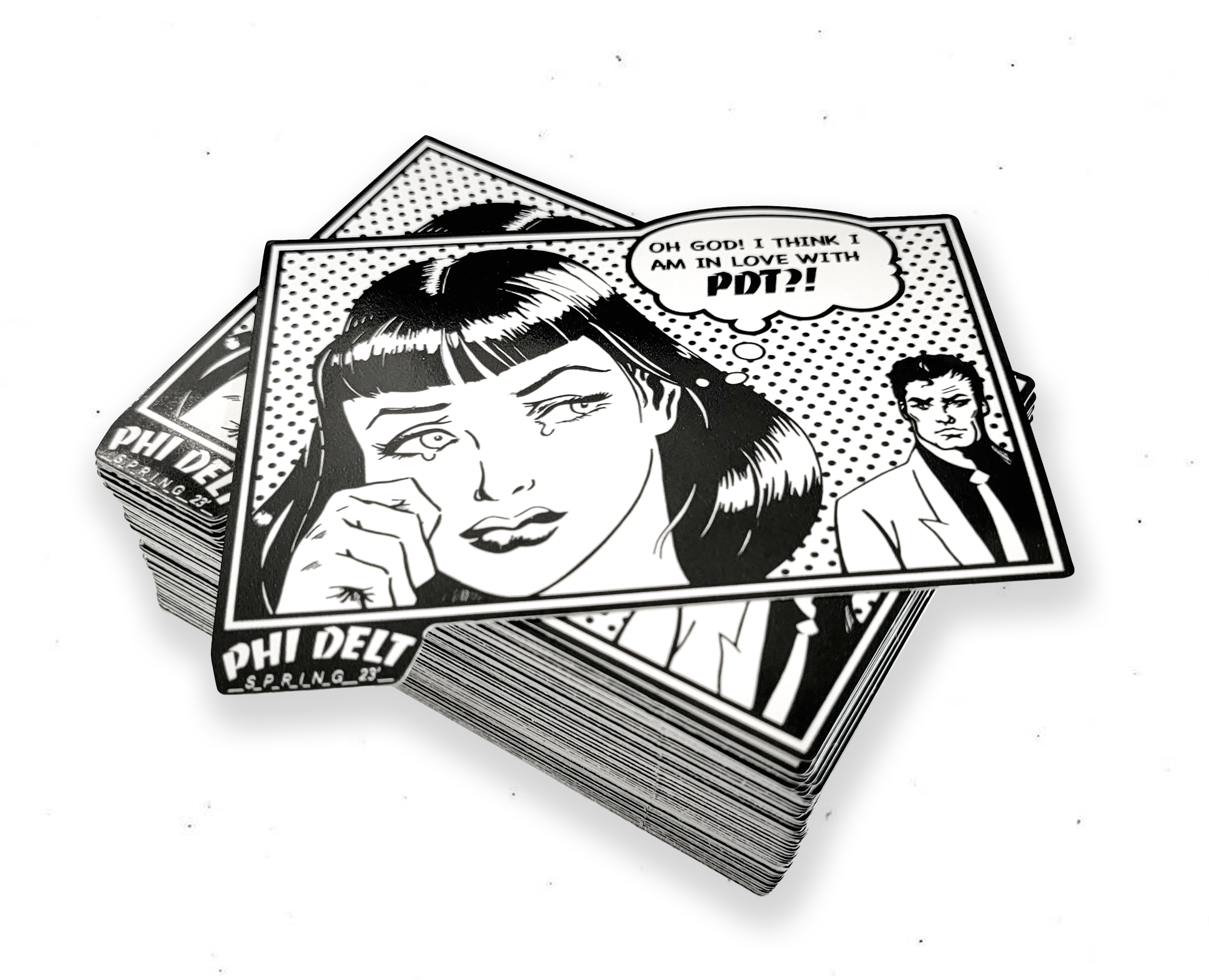 Stack of stickers with comic-style illustrations and text on a white background