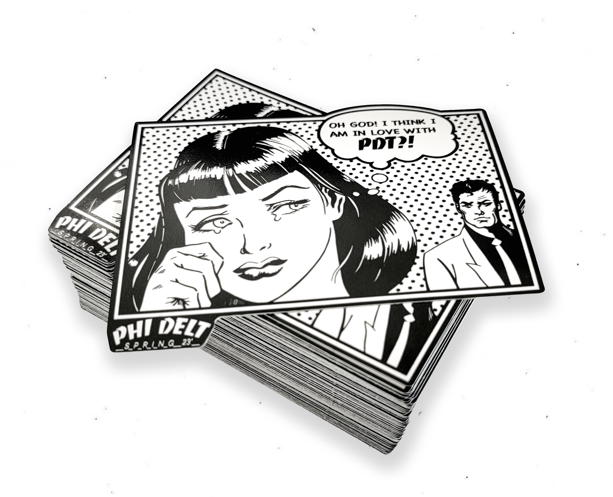 Stack of stickers with comic-style illustrations and text on a white background