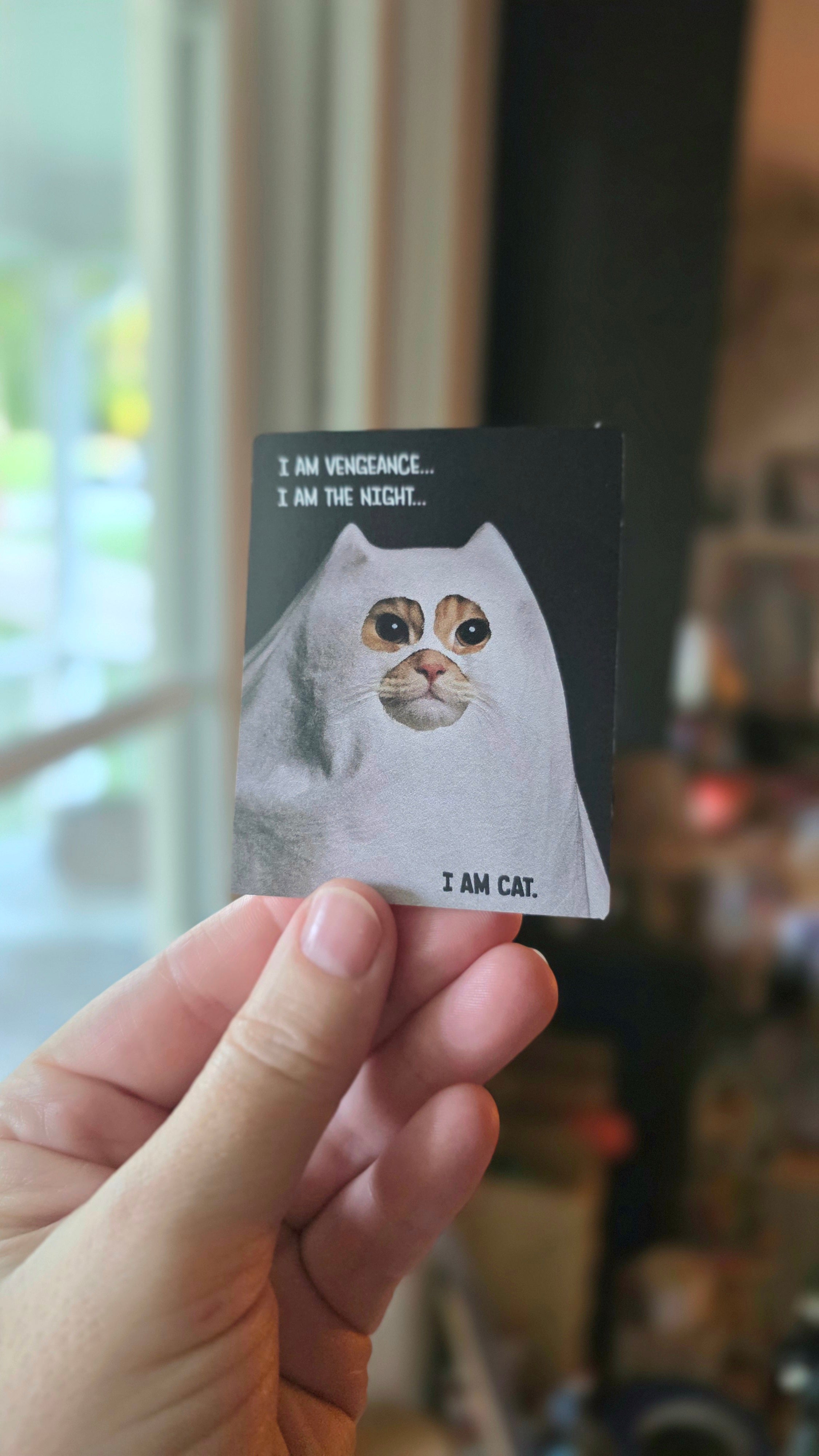 Hand holding a small card with a cat illustration and text.
