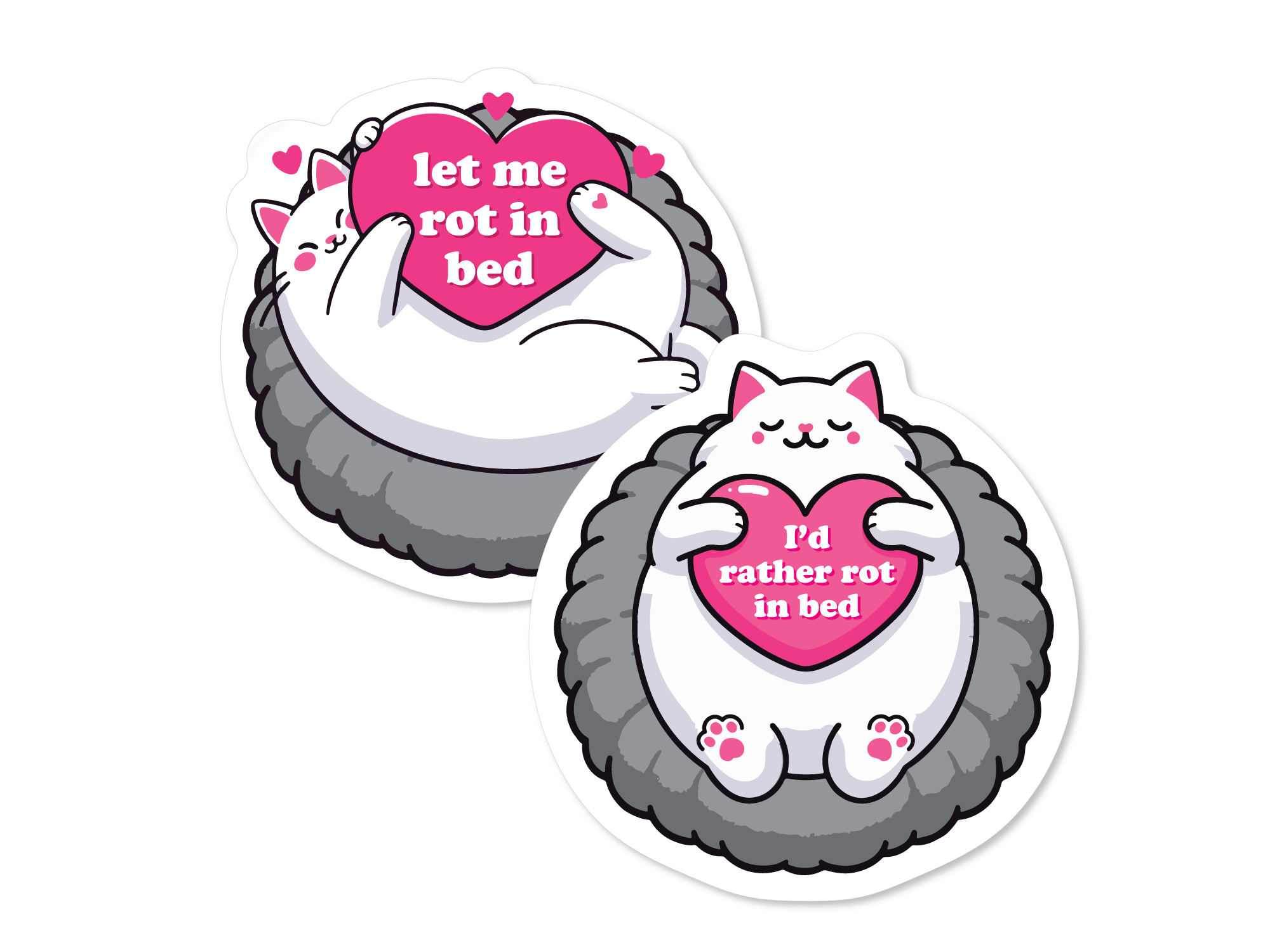 Two round cozy cat vinyl stickers featuring a cat curled in a fluffy bed holding a pink heart, with text options “Let Me Rot in Bed” and “I’d Rather Rot in Bed.”
