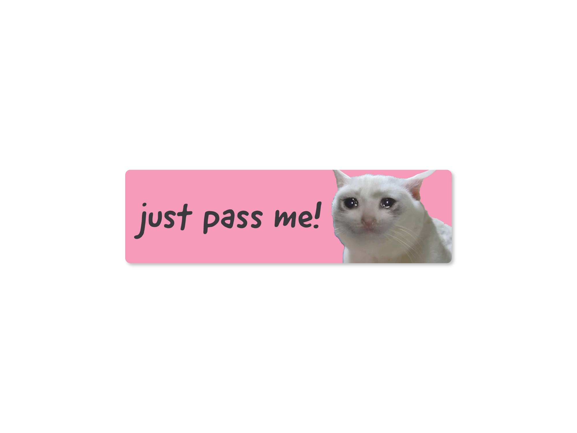A pink bumper stickers with the text 'just pass me!' and an image of a white sad cat