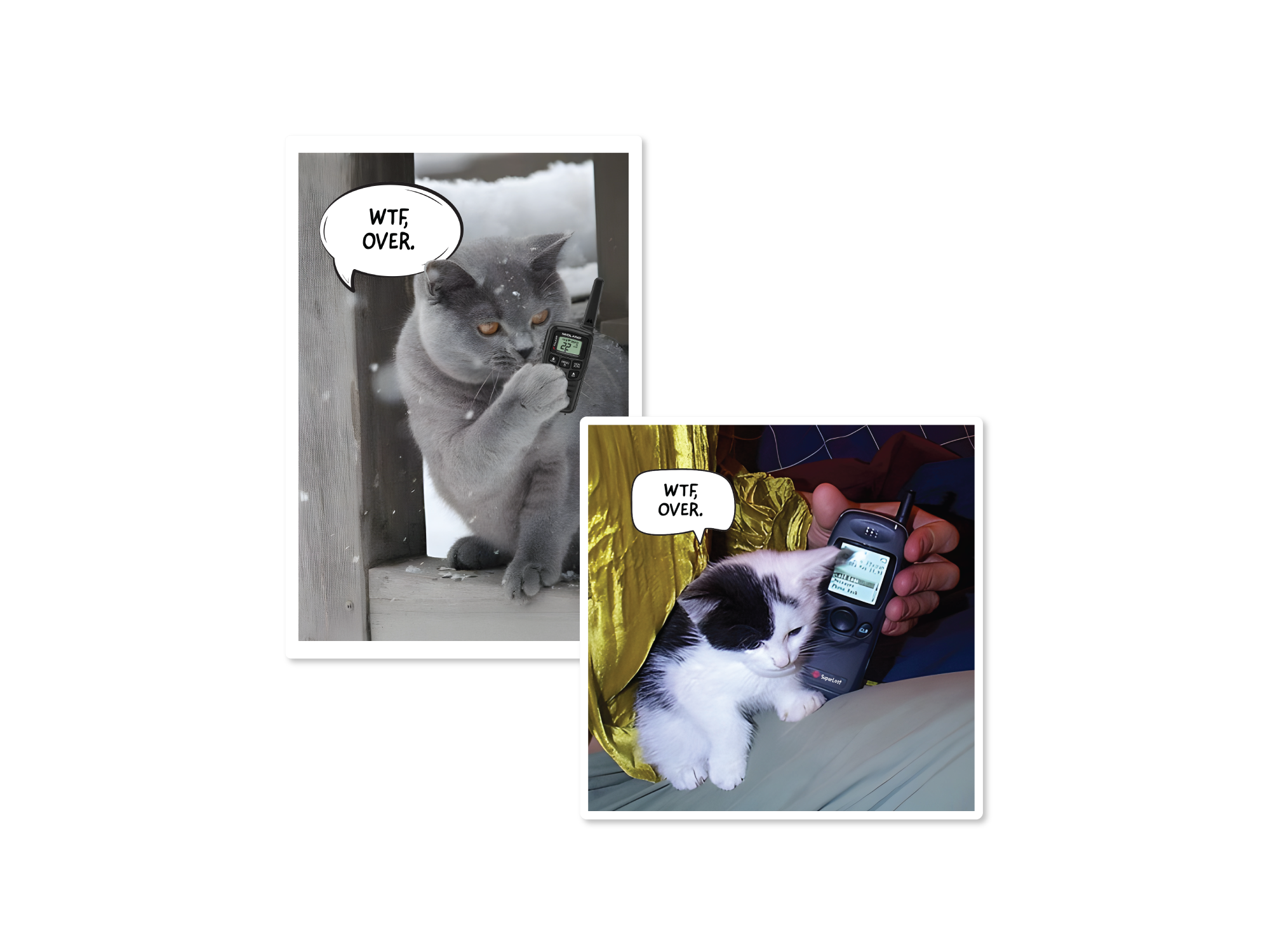 Set of two cat vinyl stickers featuring cats holding walkie talkies with speech bubbles that say “WTF, over.”
