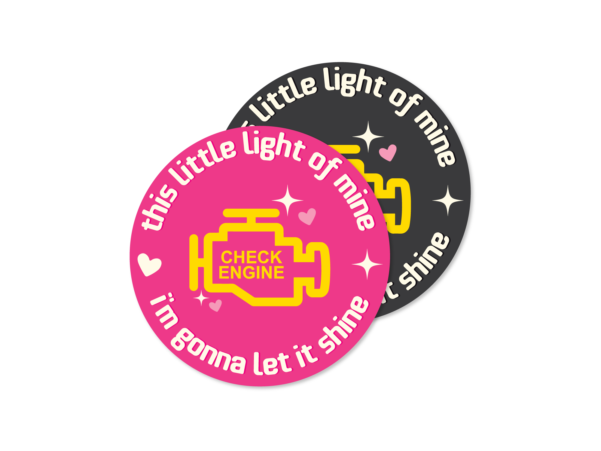 Two round vinyl stickers, one pink and one dark gray, featuring a yellow check engine light icon with the phrase “this little light of mine i’m gonna let it shine.”
