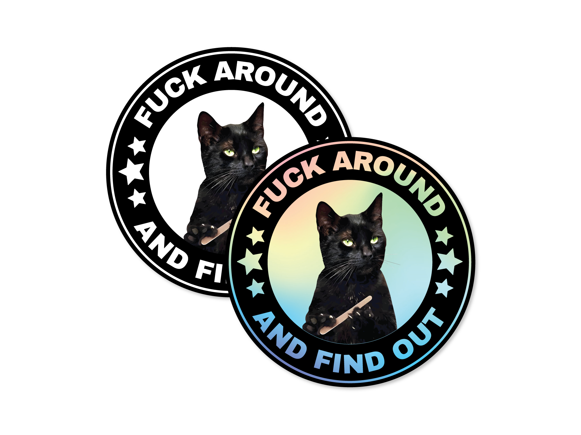 Two round “Fuck Around and Find Out” vinyl stickers featuring a serious black cat in a circular badge design, shown in white and holographic options.
