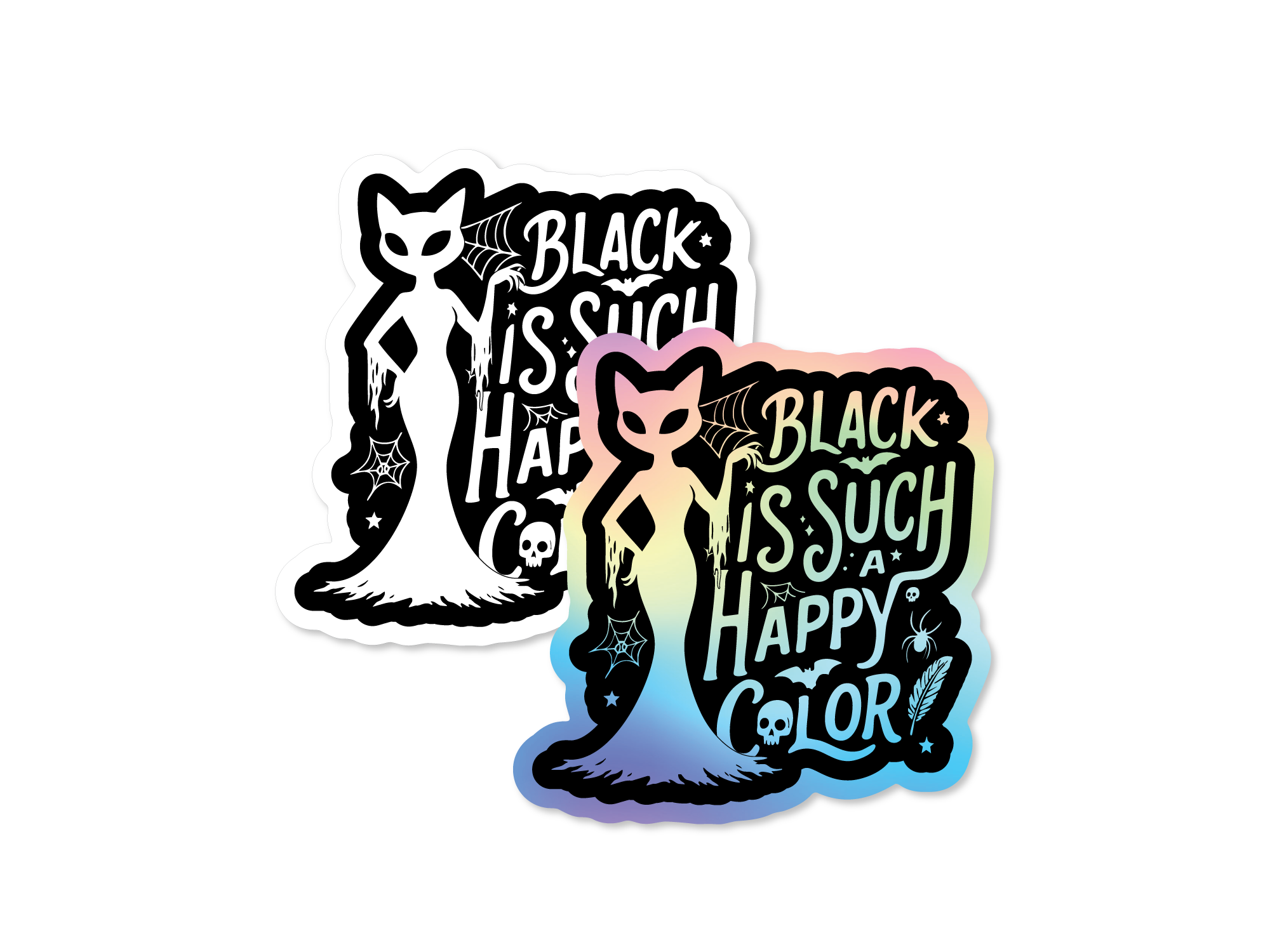 Two cat-shaped stickers with text on a white background