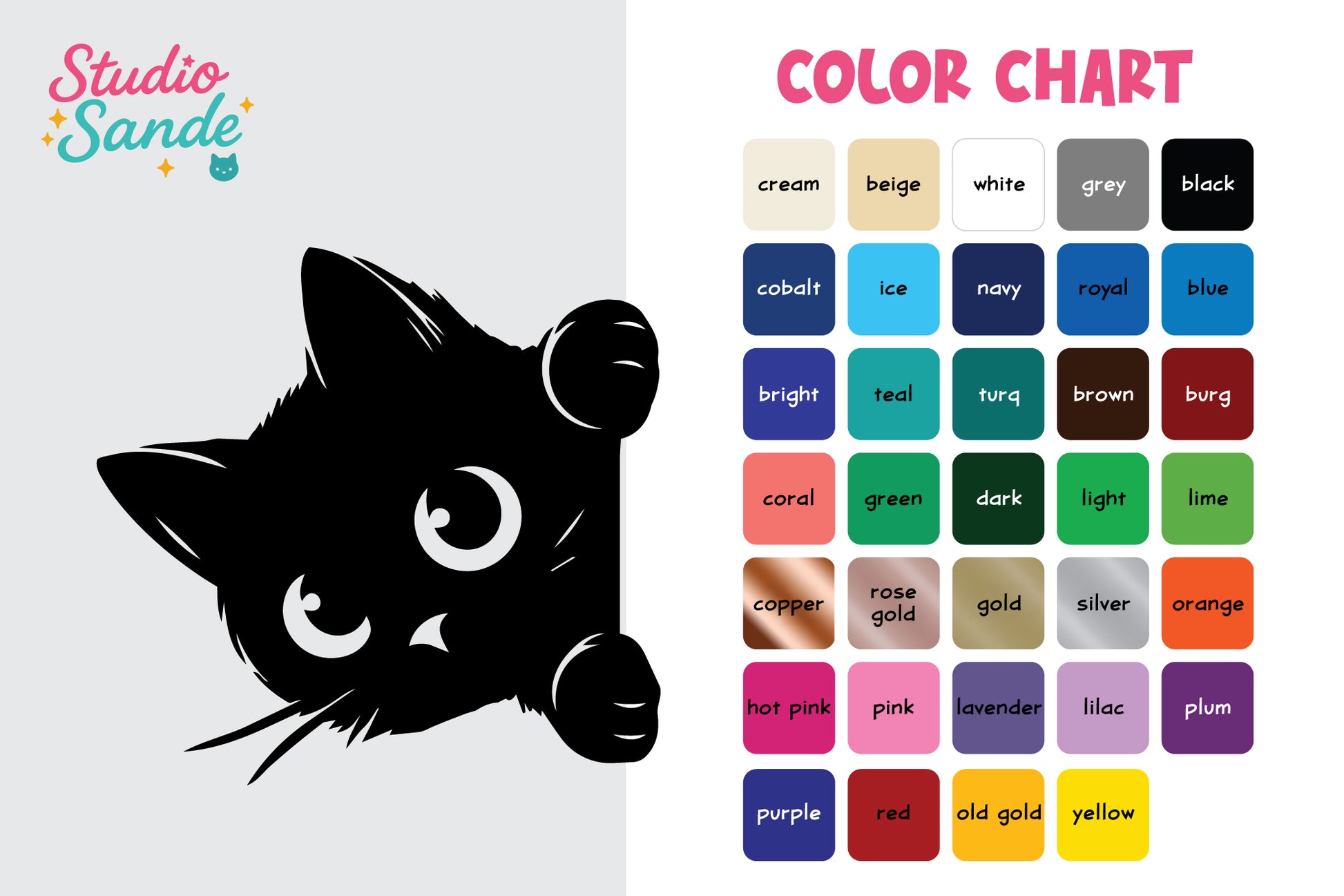 Black cat illustration with color chart on a white background