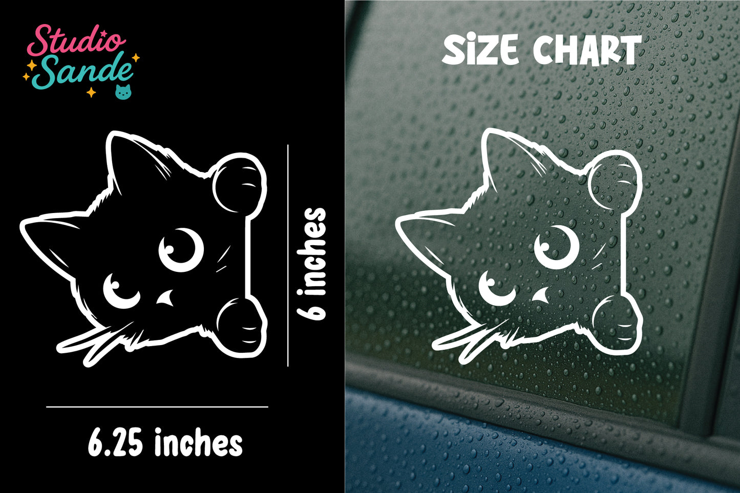 Cat-shaped decal with size chart on a black background