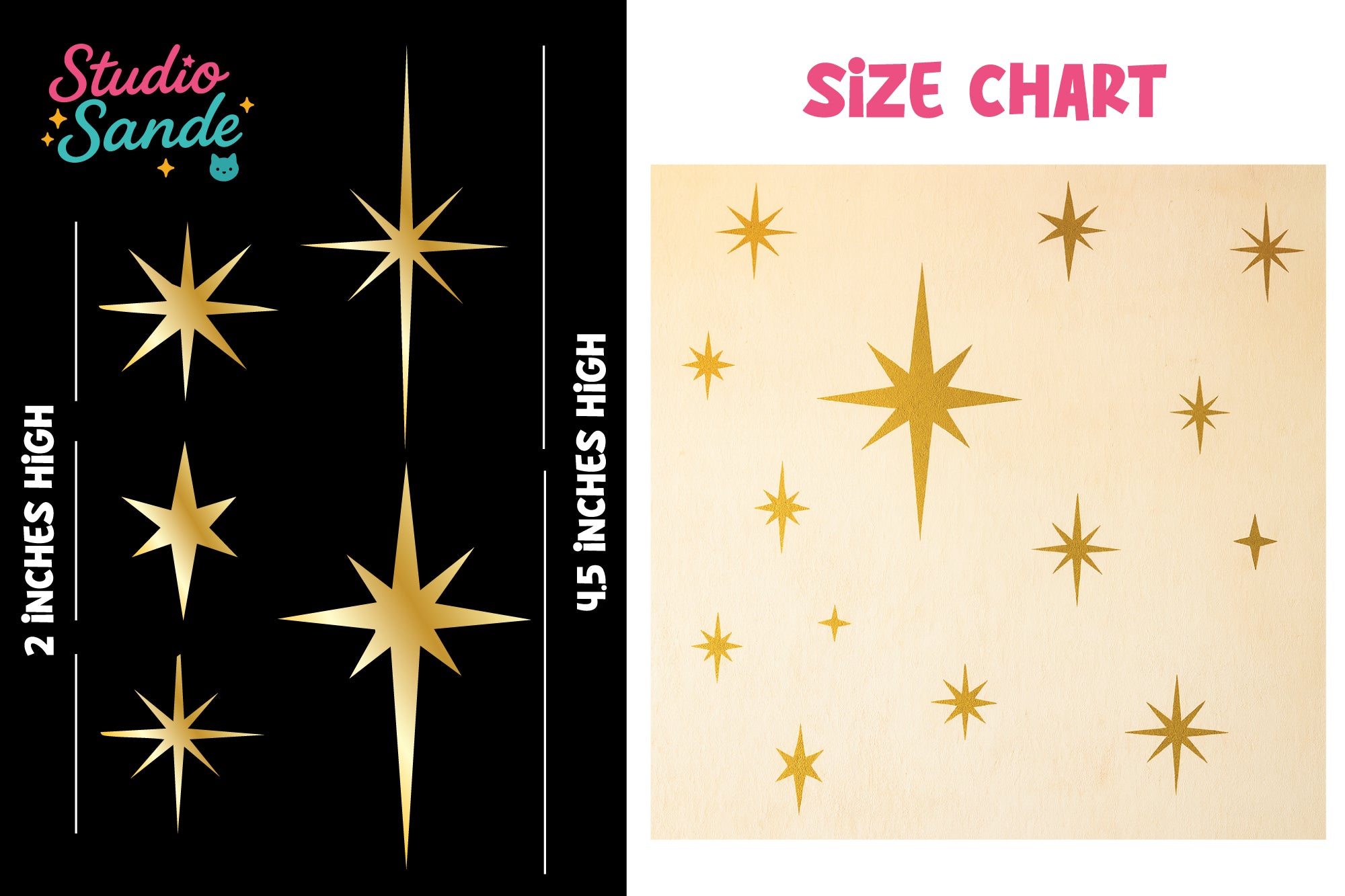 Gold star decals with size chart on black and beige backgrounds, featuring Studio Sande branding.