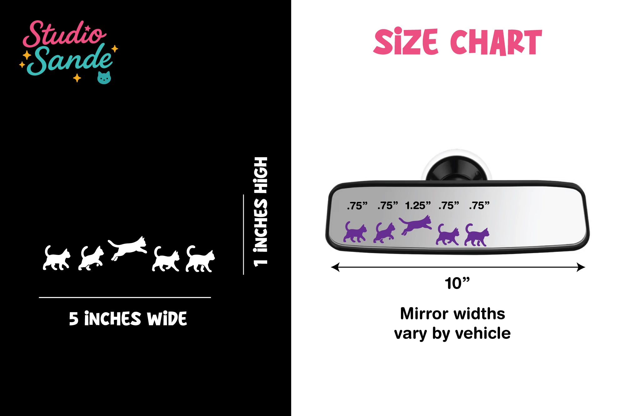 Size chart showing a 5 inch wide by 1 inch high cat silhouette decal and an example of the decal placed across a rearview mirror.
