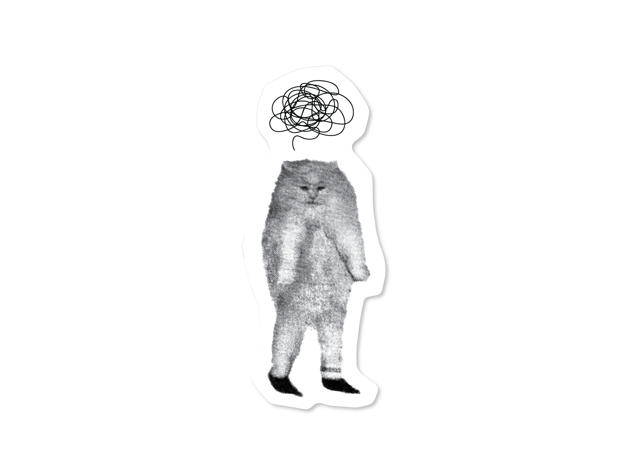 Two die cut sticker options featuring a fuzzy standing gray cat with tiny legs and a scribbly thought cloud, one with “WTF” text and one without.

