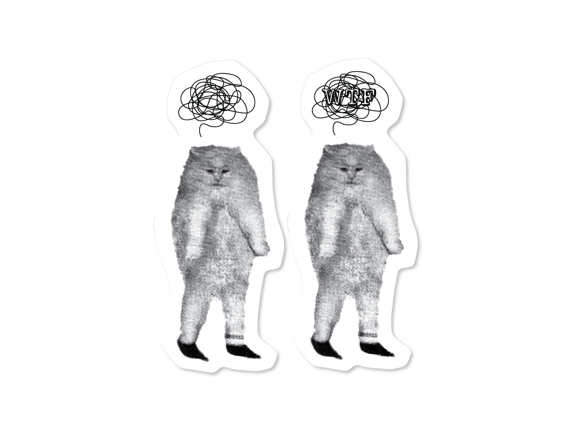 Two black and white illustrations of cats with thought bubbles on a white background