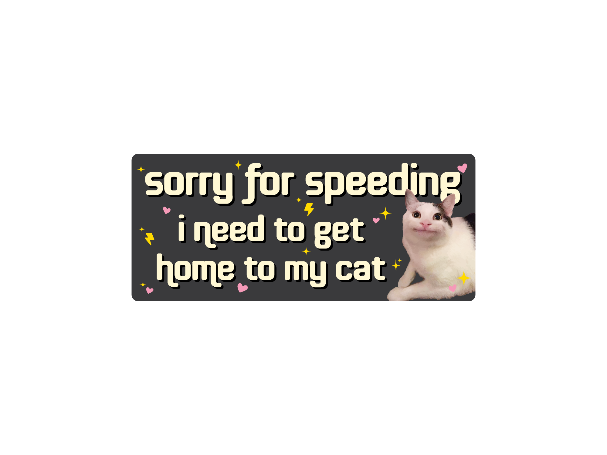 bumper sticker with a cat and text 'sorry for speeding i need to get home to my cat' on a white background