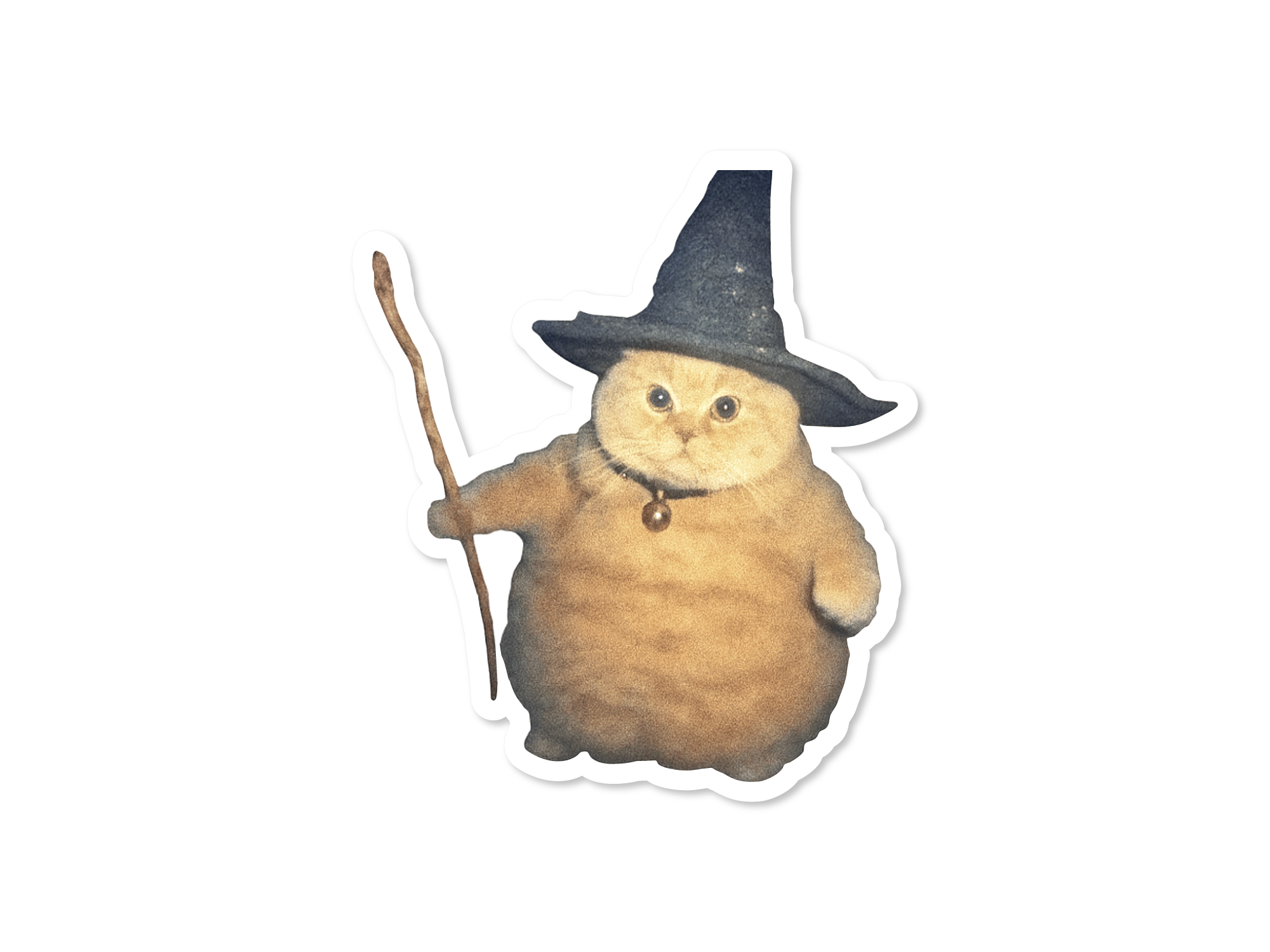 Cartoon cat in a witch costume holding a broomstick on a white background
