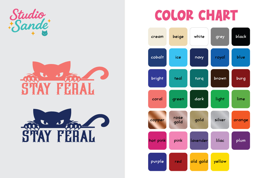 Color chart with cat-themed designs and color swatches on a white background