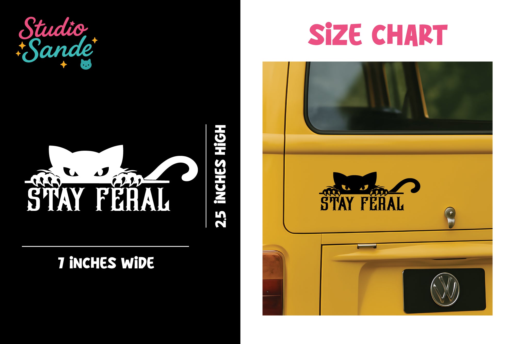 Cat-themed decal with 'Stay Feral' text on a yellow vehicle, featuring Studio Sande branding.
