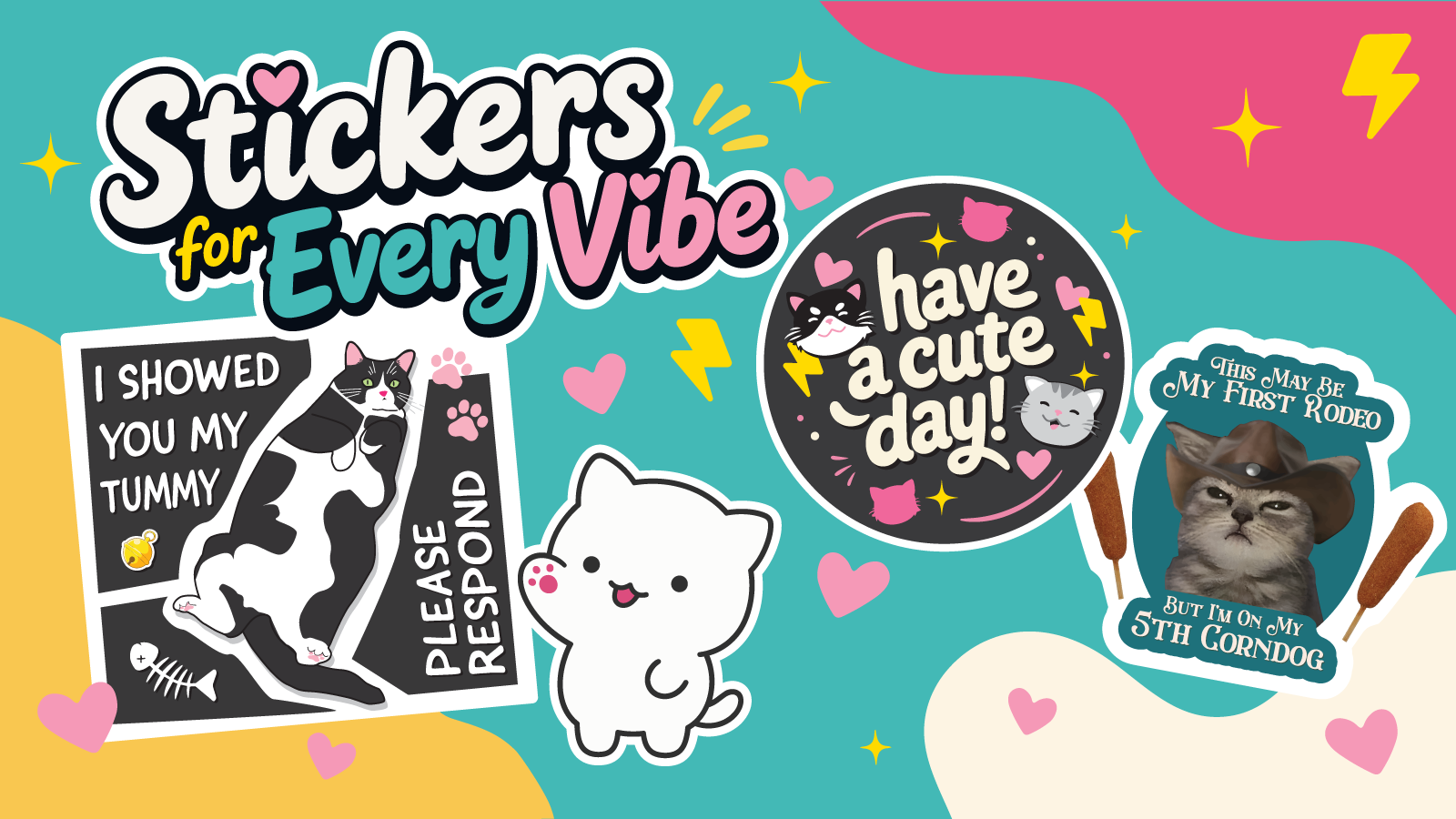 Collection of stickers with cute designs on a colorful background