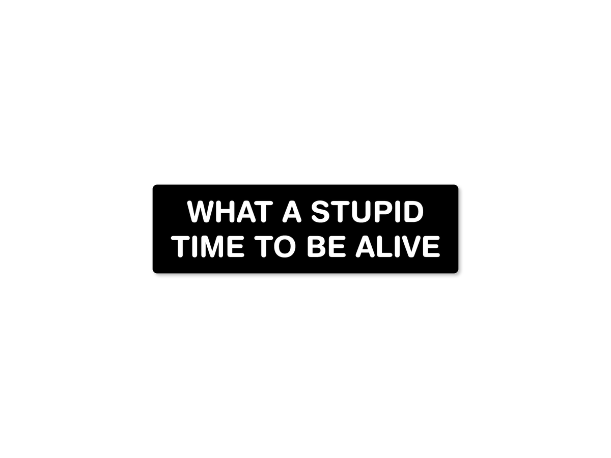 Black 7x2 bumper sticker with bold white text that reads “What a Stupid Time to Be Alive.”