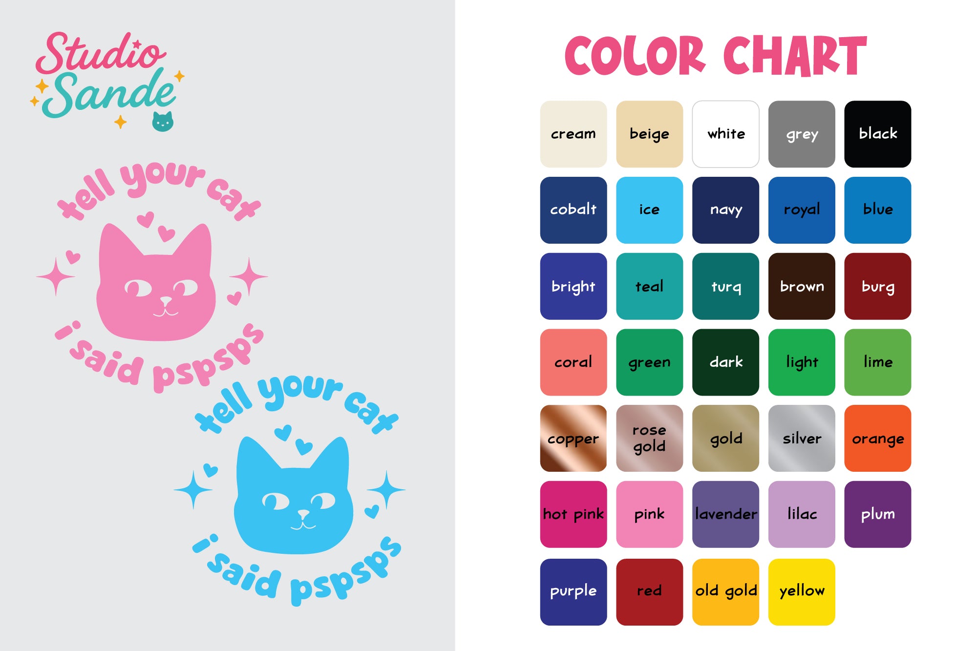Color chart with cat-themed designs and text on a white background