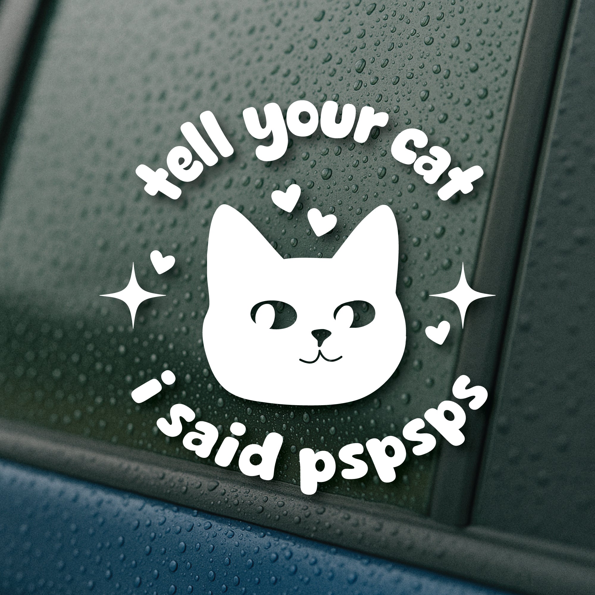 Sticker with a cat face and text on a car window