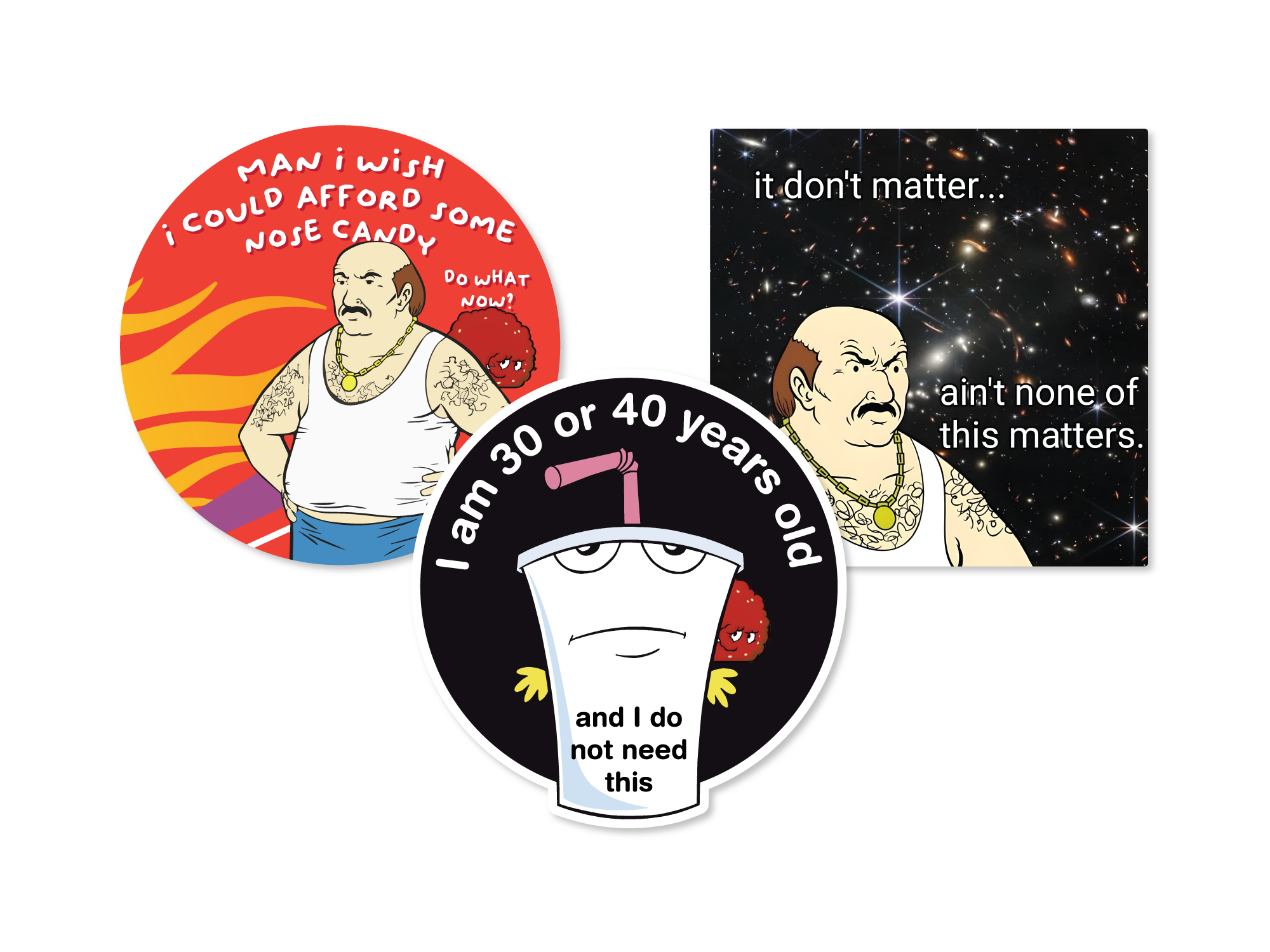 Set of three Aqua Teen Hunger Force-inspired vinyl stickers featuring Carl, Master Shake, and Meatwad with funny text and cartoon artwork.
