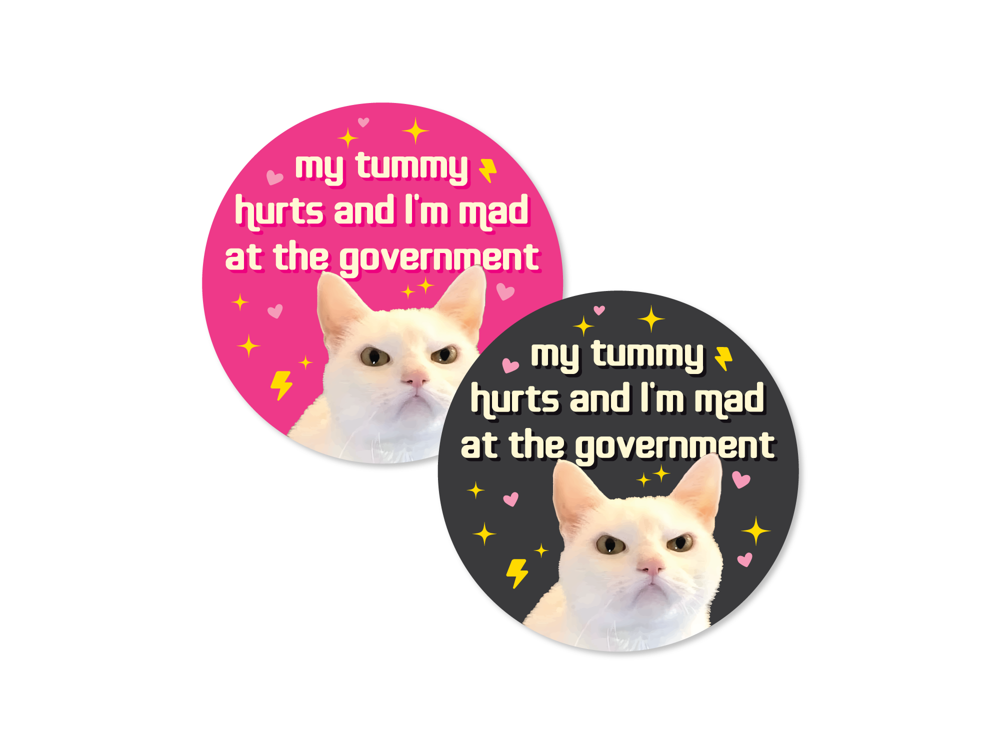 Two round vinyl sticker options, one pink and one dark gray, featuring a serious white cat with hearts, sparkles, lightning bolts, and the phrase “my tummy hurts and i’m mad at the government.”
