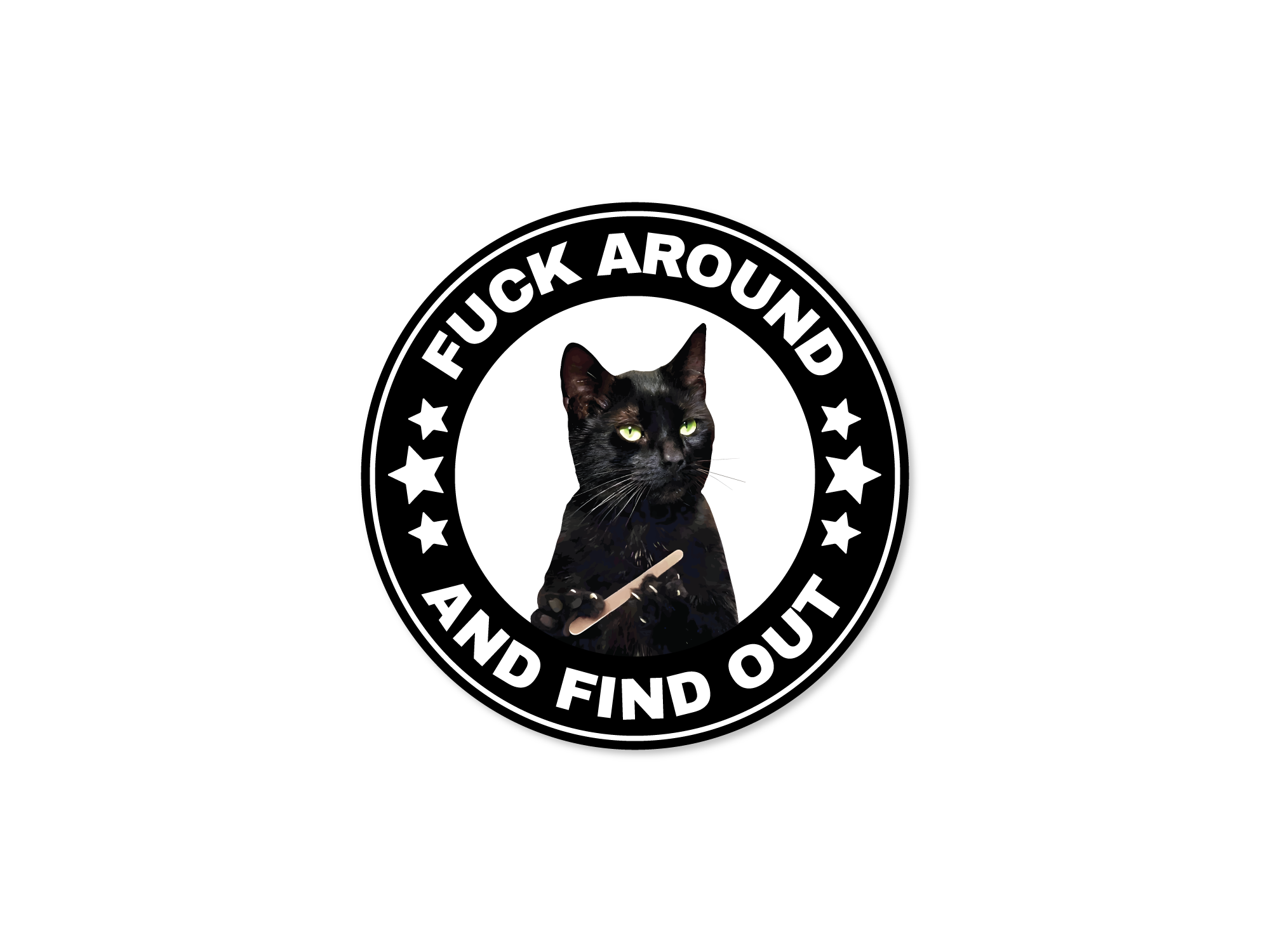 A round vinyl sticker featuring a black cat with text 'FUCK AROUND AND FIND OUT' surrounded by stars, predominantly in black and white colors with a holographic star pattern in the background.
